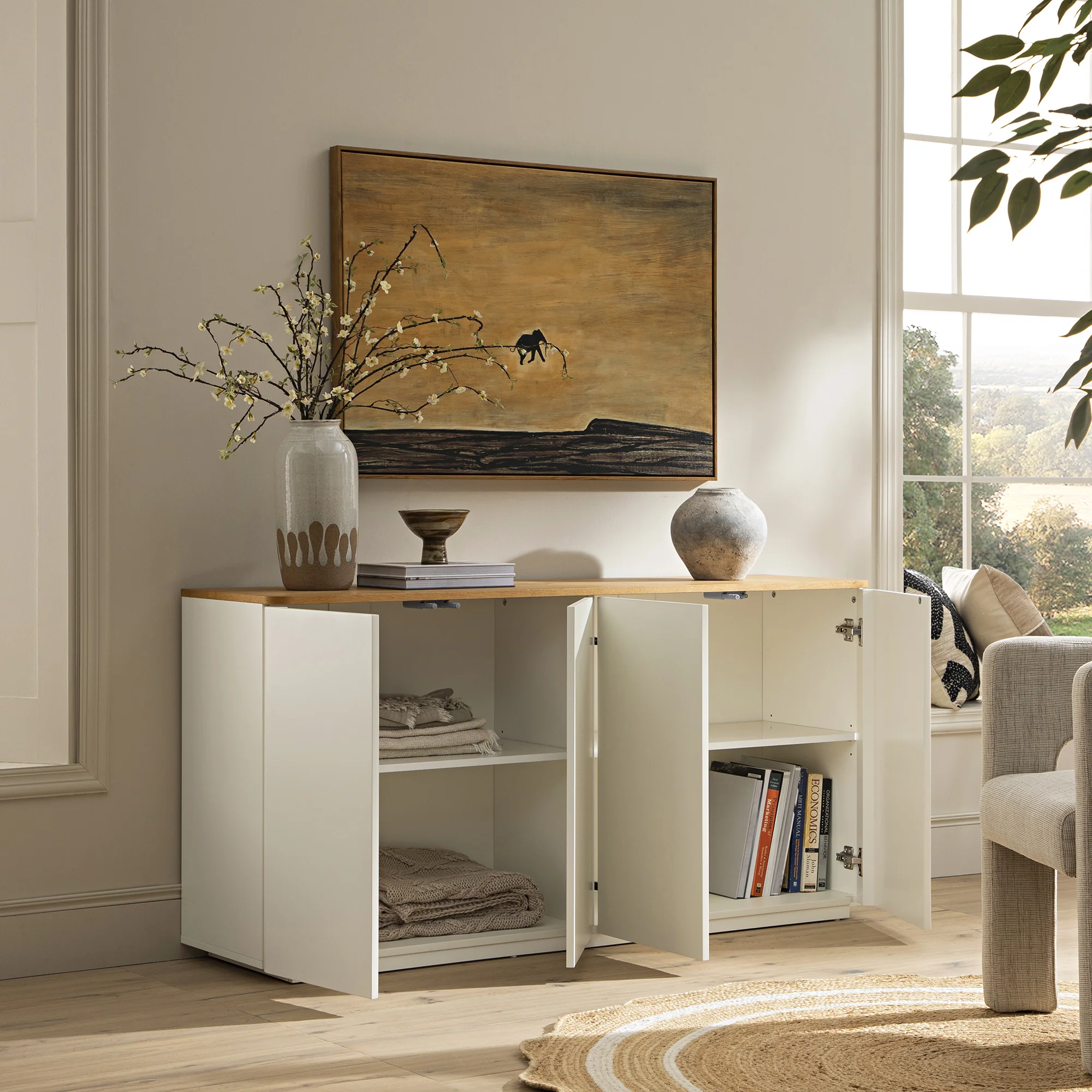 Agnes Curved Edge 150cm Wide Sideboard, Off White with Oak Top - Image 3