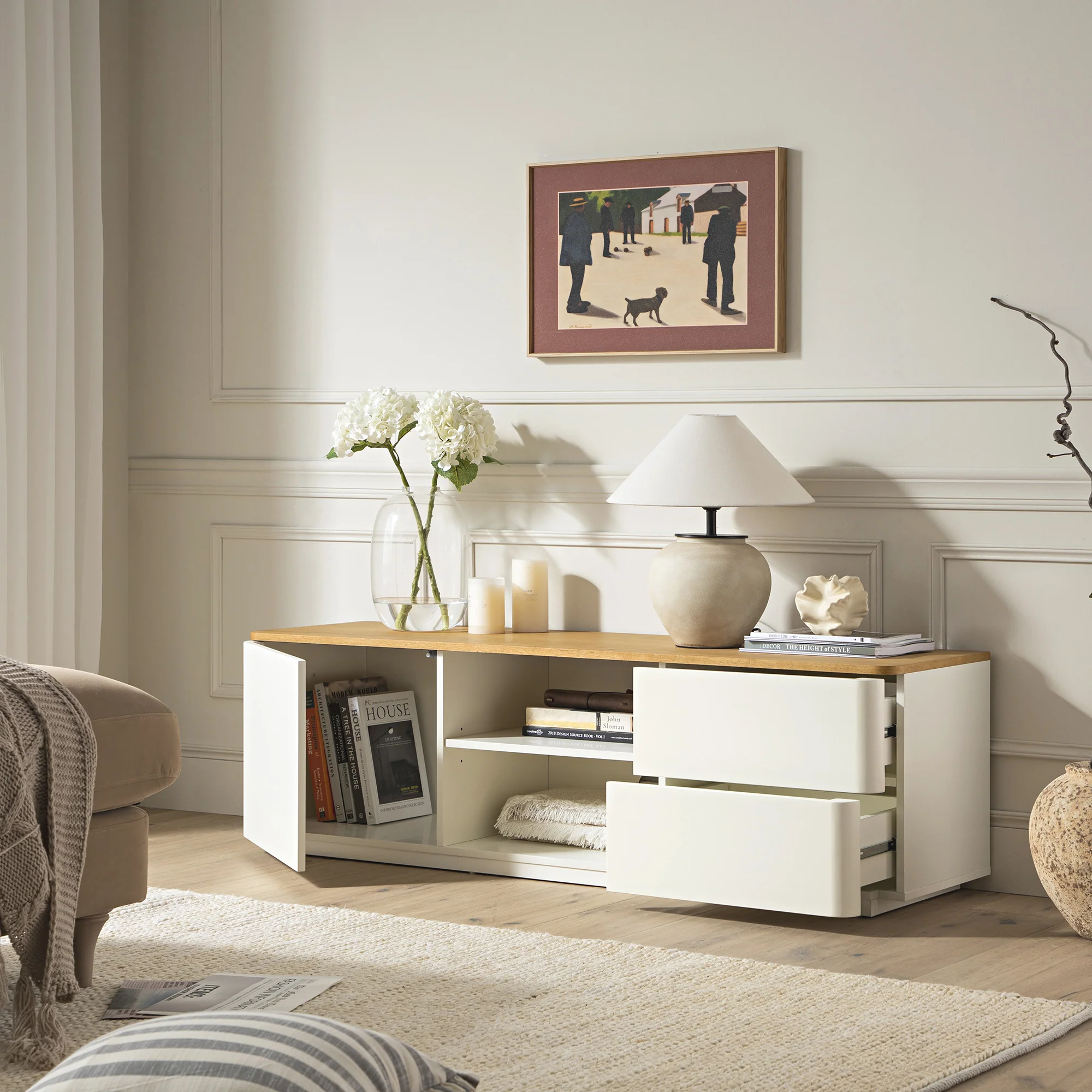 Agnes Curved Edge 150cm Wide TV Unit, Off White with Oak Top - Image 3