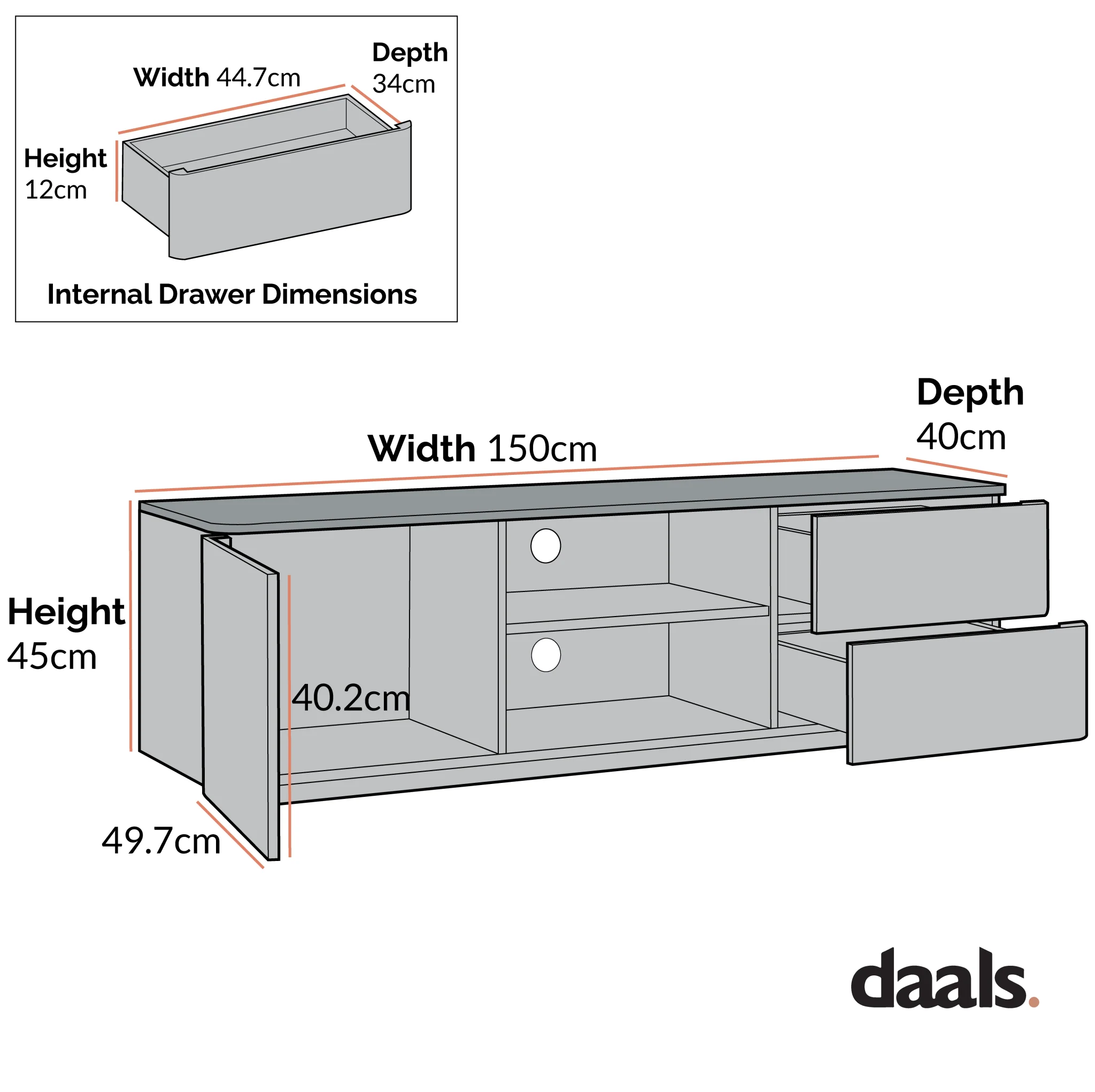 Agnes Curved Edge 150cm Wide TV Unit, Off White with Oak Top - Image 9