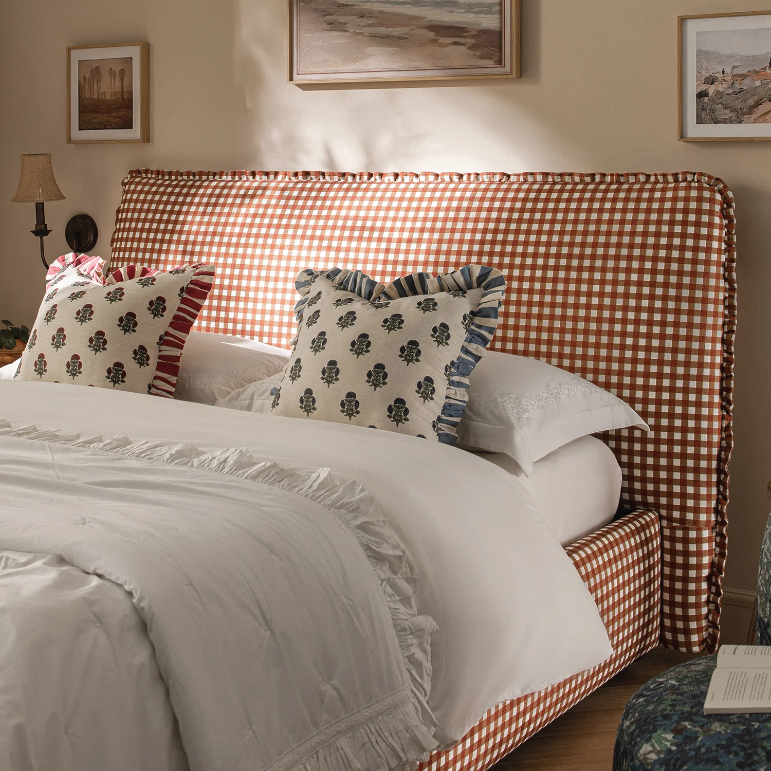 Celeste Upholstered Storage Bed with Ruffled Headboard, Brick Gingham - Image 6