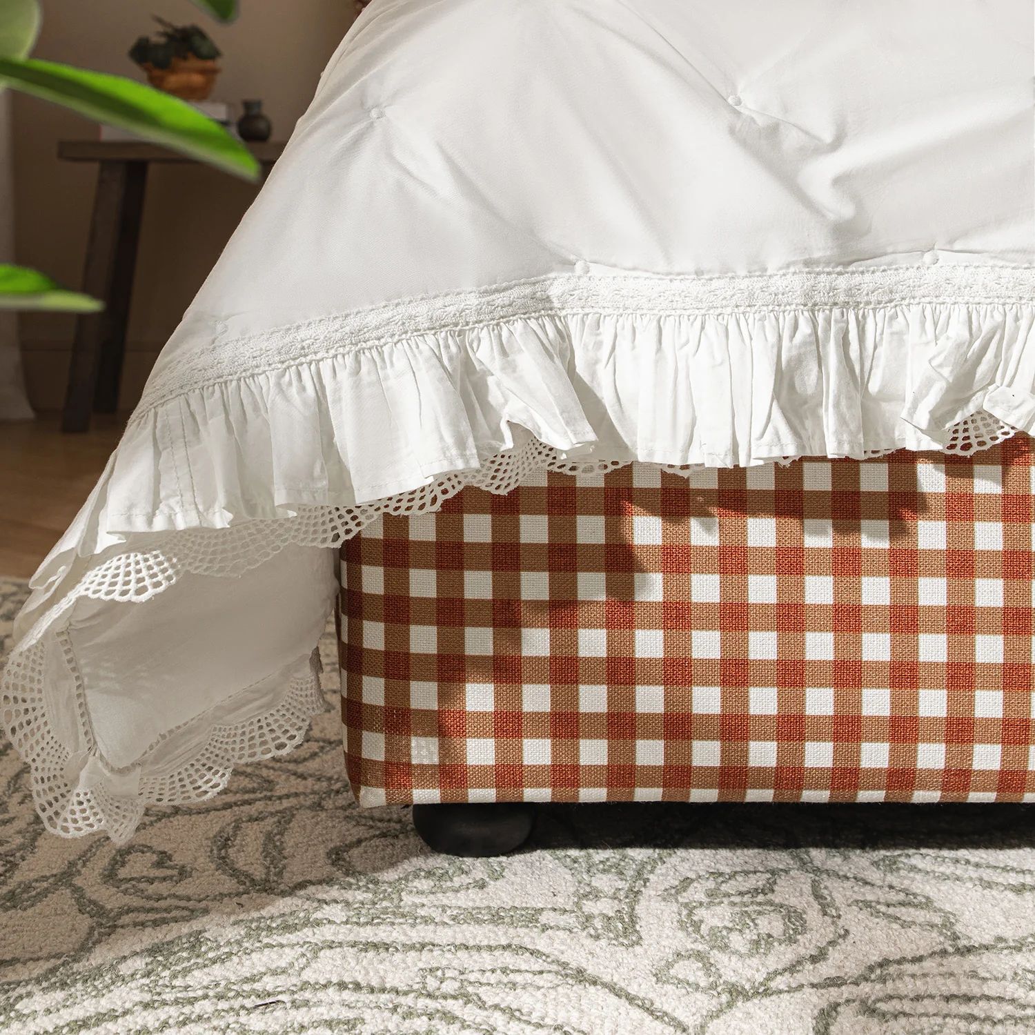 Celeste Upholstered Storage Bed with Ruffled Headboard, Brick Gingham - Image 9