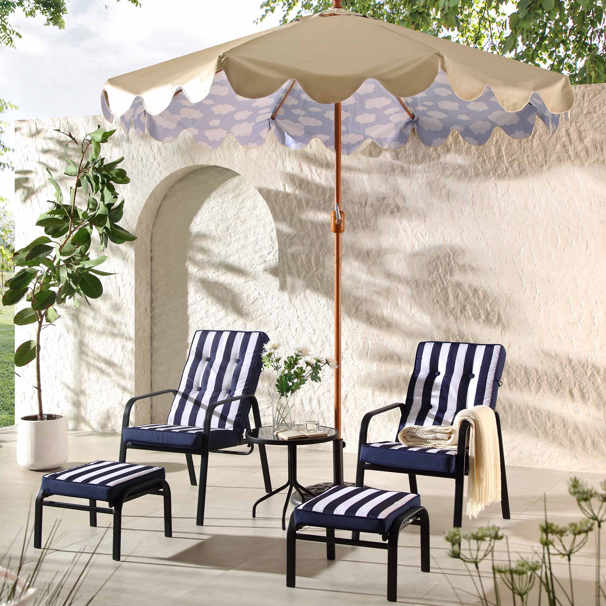 Champneys 2-Seater Steel and Fabric Outdoor Reclining Bistro Set with Stool, Blue