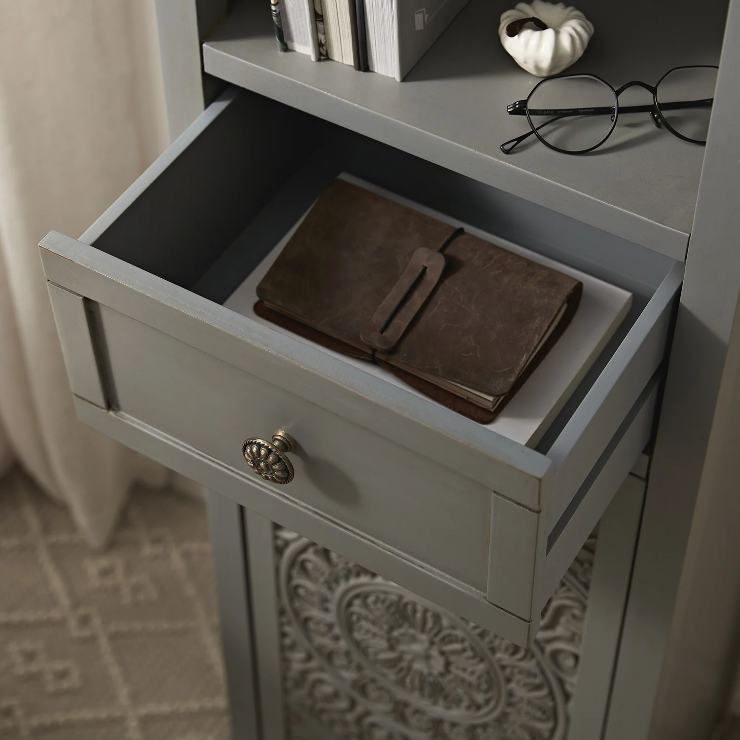 Chantilly Mid Grey Carved Bathroom Tallboy Cabinet - Image 5