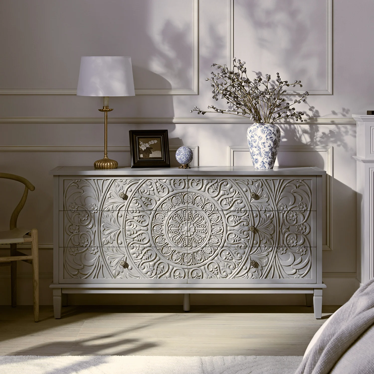Chantilly Mid Grey Carved Wide 6 Drawer Chest