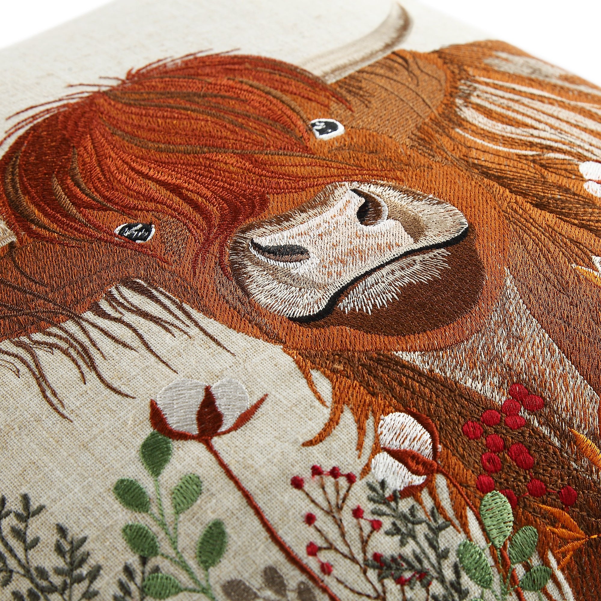 Country Collection Highland Cow Embroidered Linen Blend Cushion - Image 2