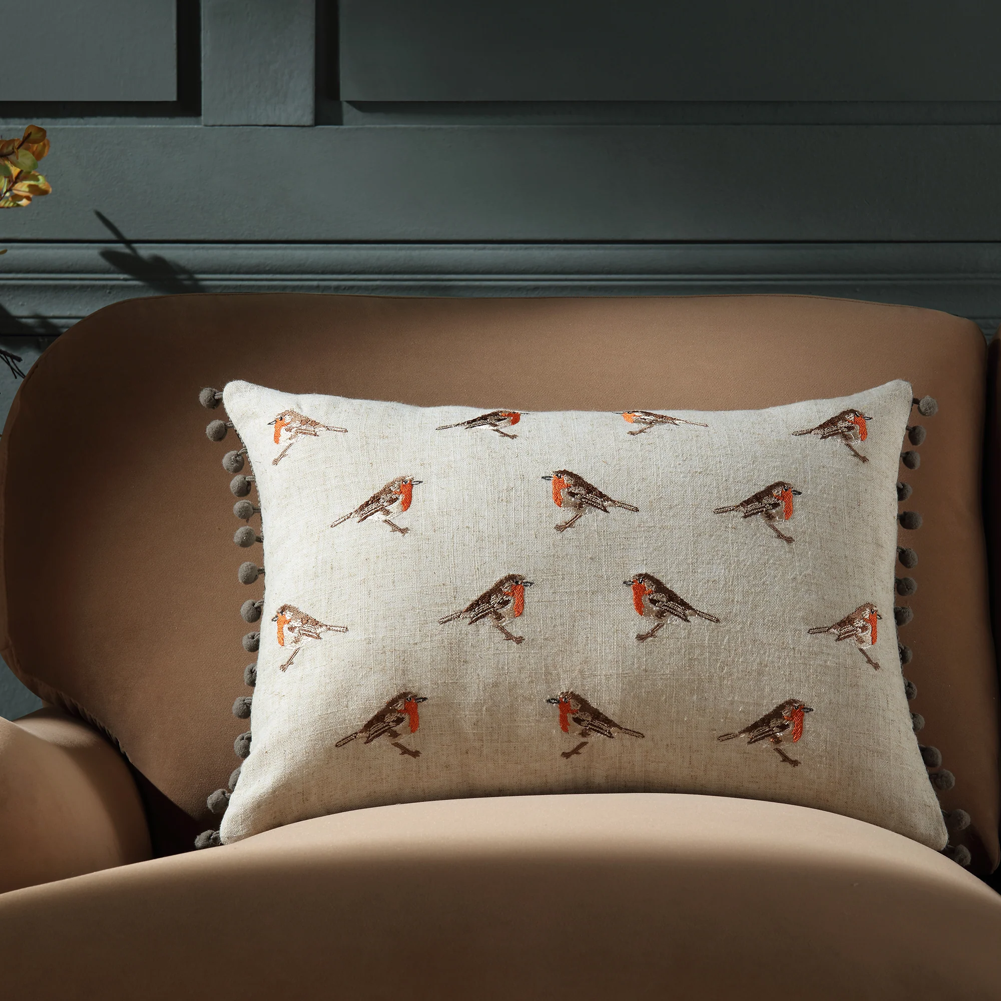 Country Collection Robin Repeat Embroidered Linen Blend Cushion - Image 2