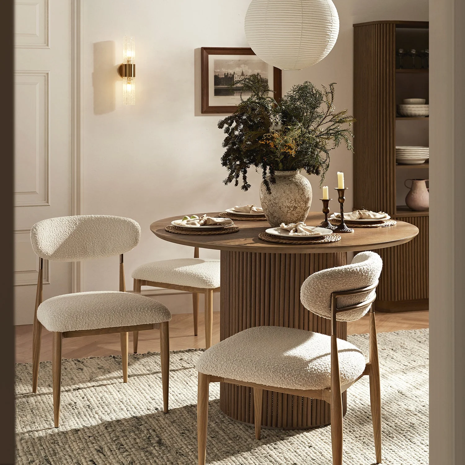 Dagmar Set of 2 Dining Chairs, Ecru Boucle | Natural Frame