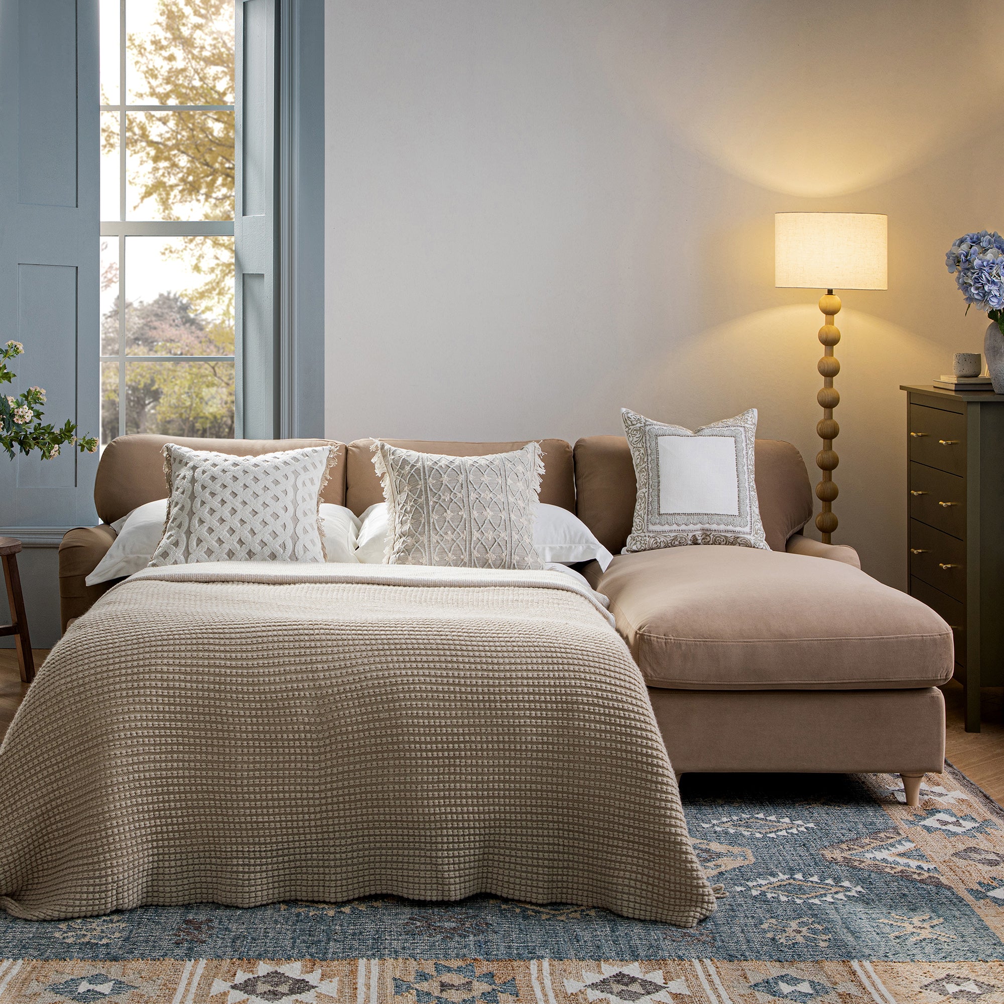 Daphnis Camel Velvet Sofa Bed, Grande Chaise Right Hand Facing
