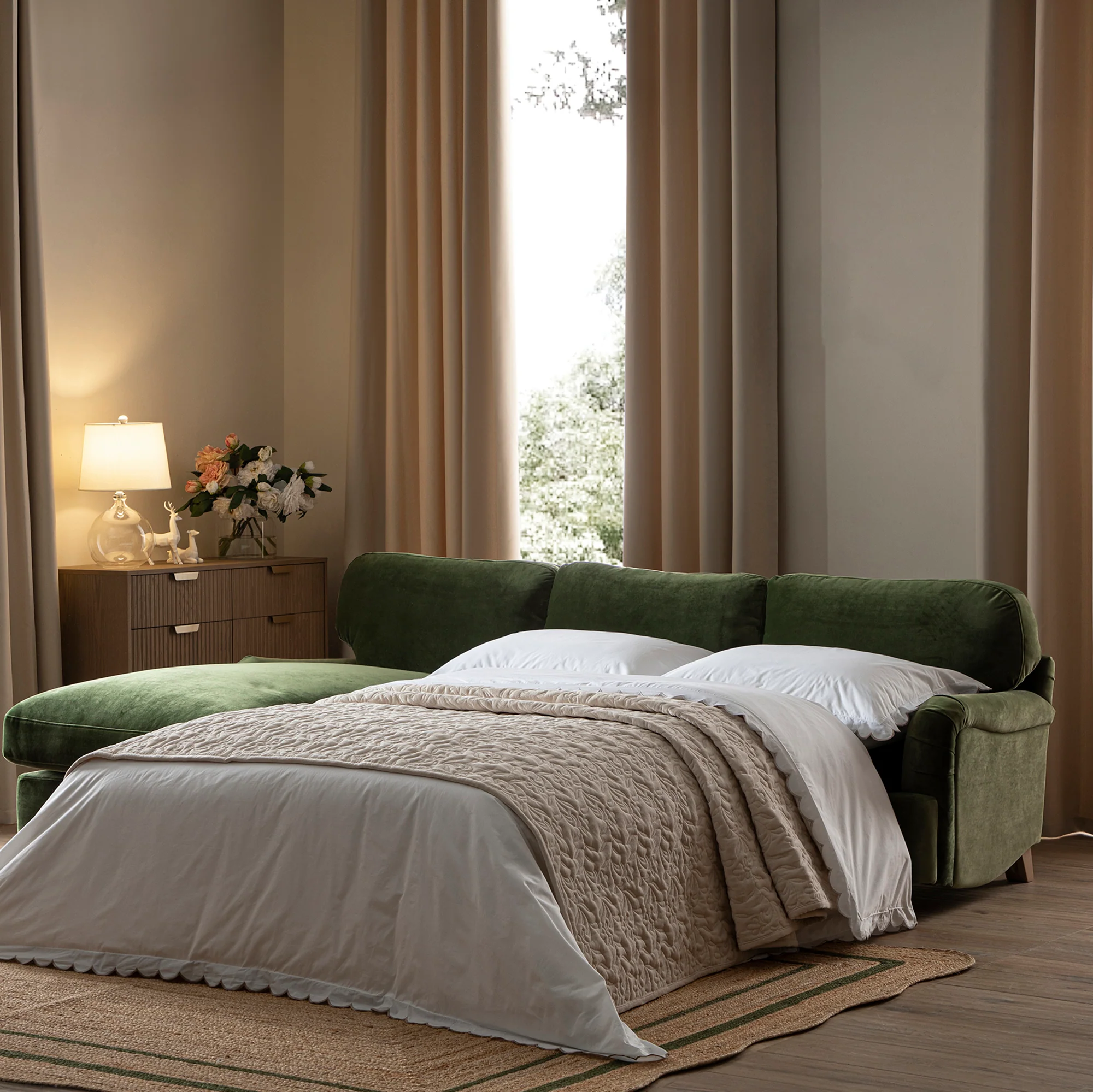 Daphnis Fern Green Velvet Sofa Bed, Grande Chaise Left Hand Facing