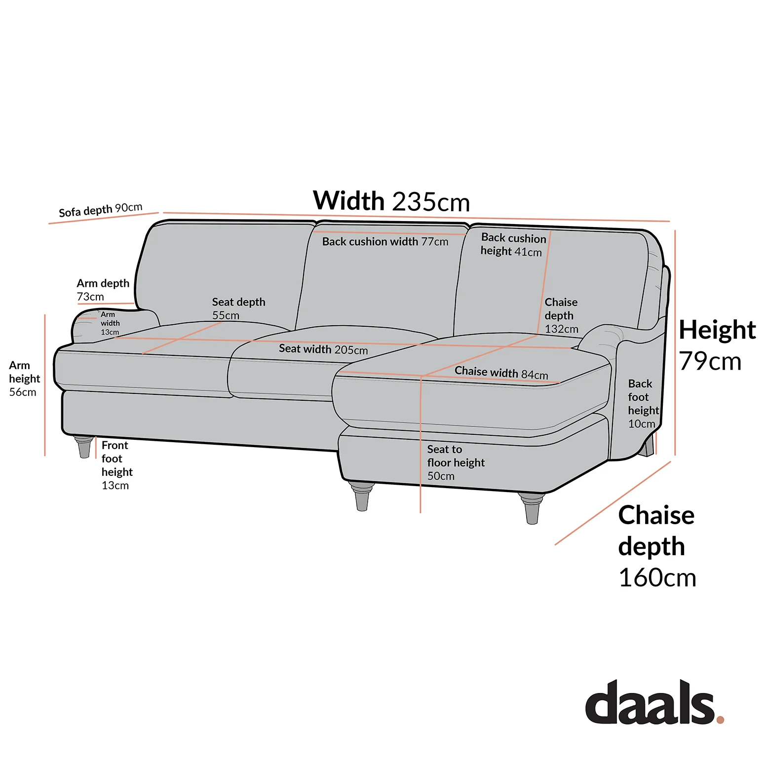 Daphnis Cinnamon Velvet Sofa, Grande Chaise Sofa Right Hand Facing - Image 8