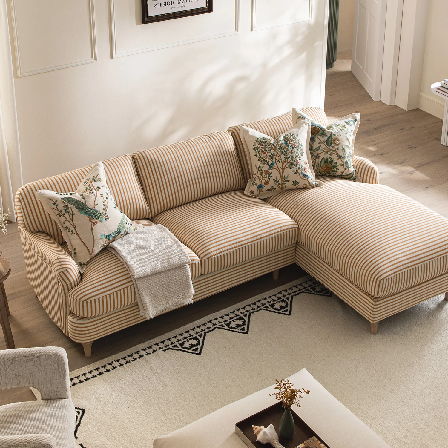 Daphnis Ochre Striped Linen Blend Sofa, Grande Chaise Sofa Right Hand Facing