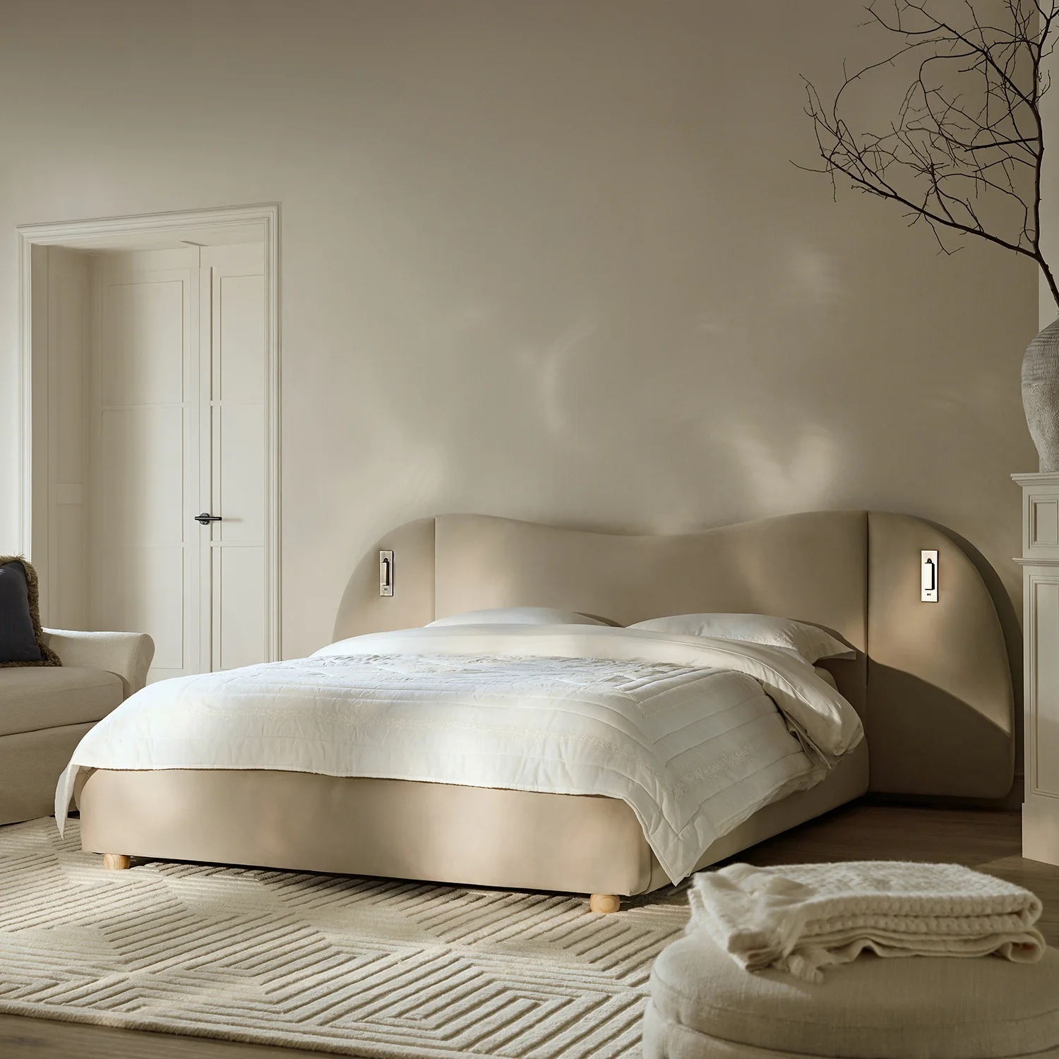 Egerie Extended Headboard Ottoman Storage Bed, Champagne Velvet