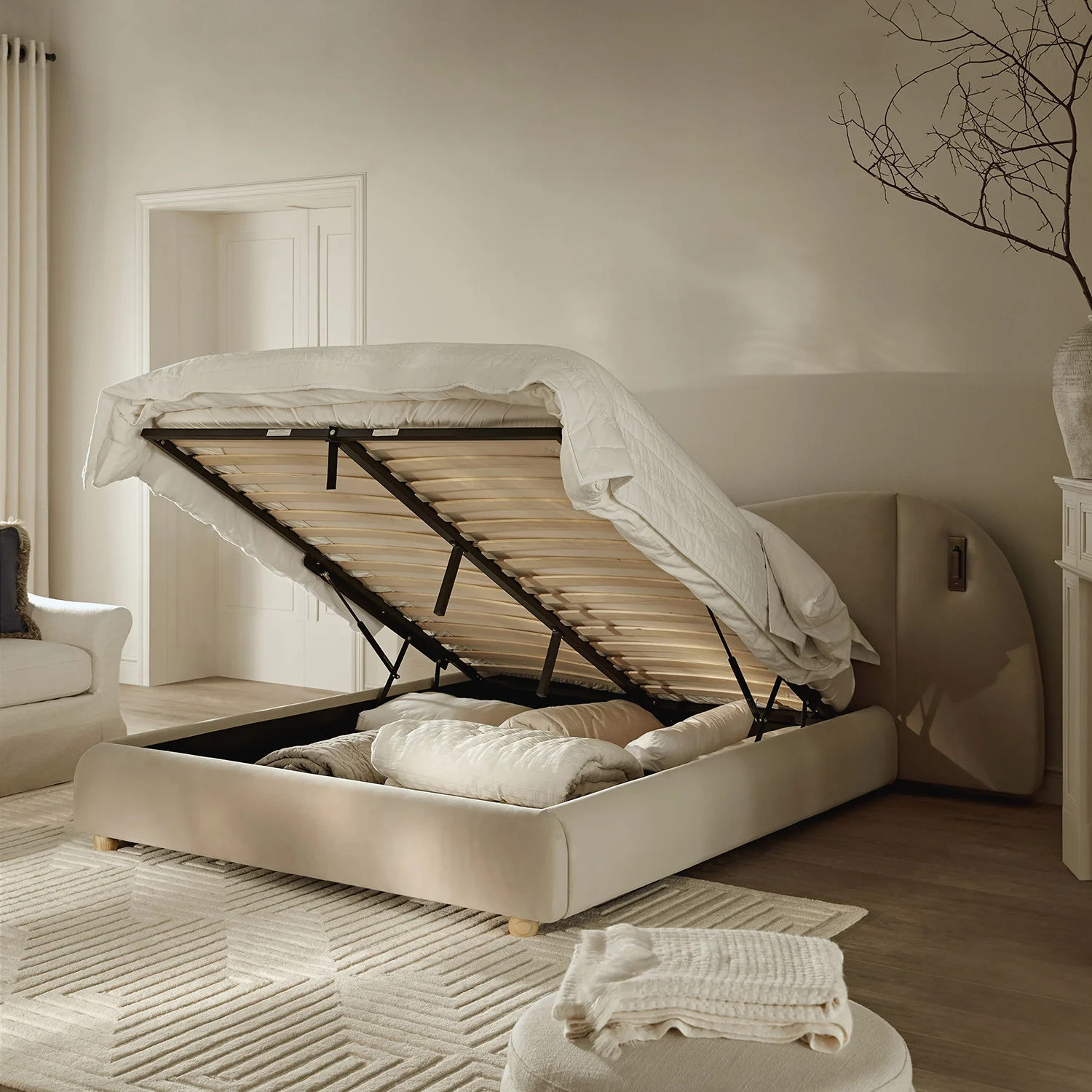 Egerie Extended Headboard Ottoman Storage Bed, Champagne Velvet - Image 3