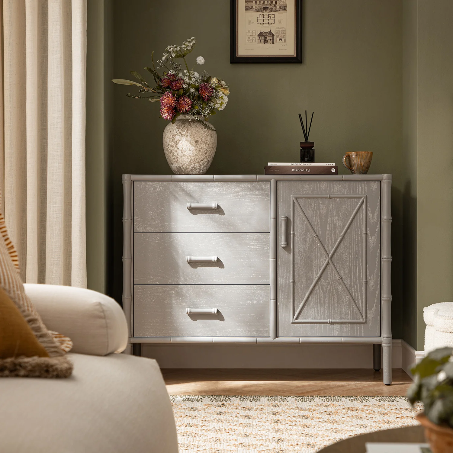 Elstowe Faux Bamboo 1-Door 3-Drawer Sideboard, Warm Grey