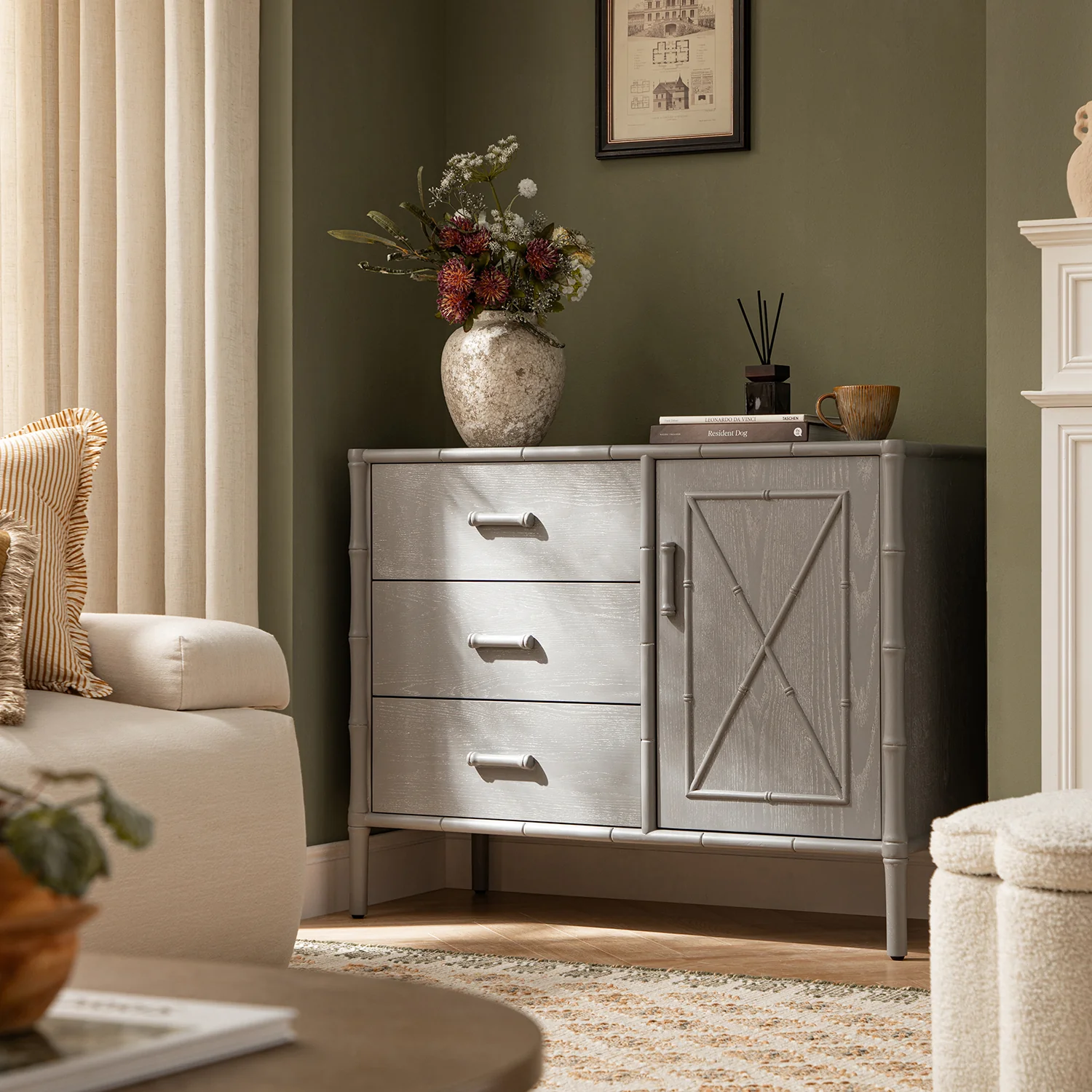 Elstowe Faux Bamboo 1-Door 3-Drawer Sideboard, Warm Grey - Image 2