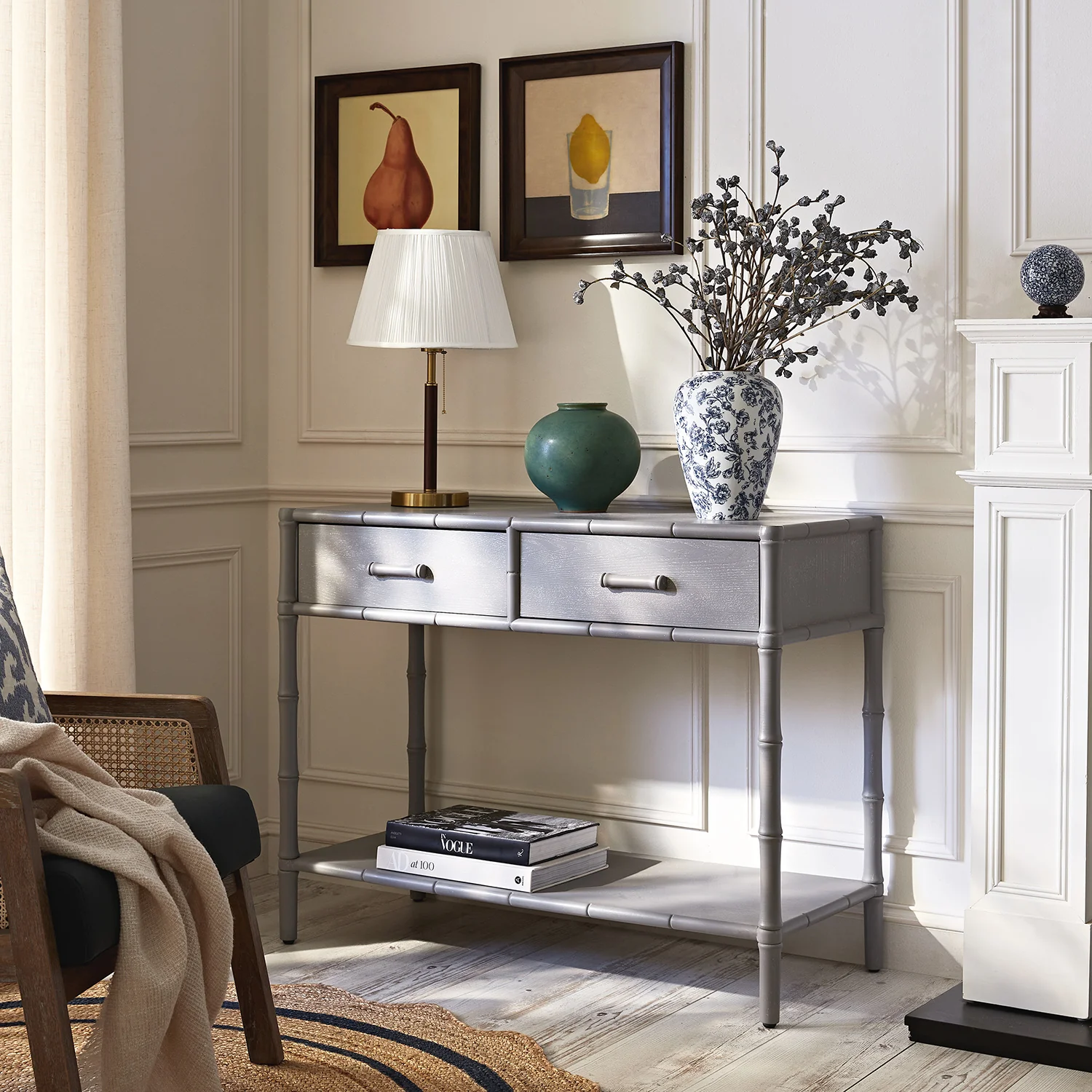 Elstowe Faux Bamboo 2-Drawer Console Table, Warm Grey