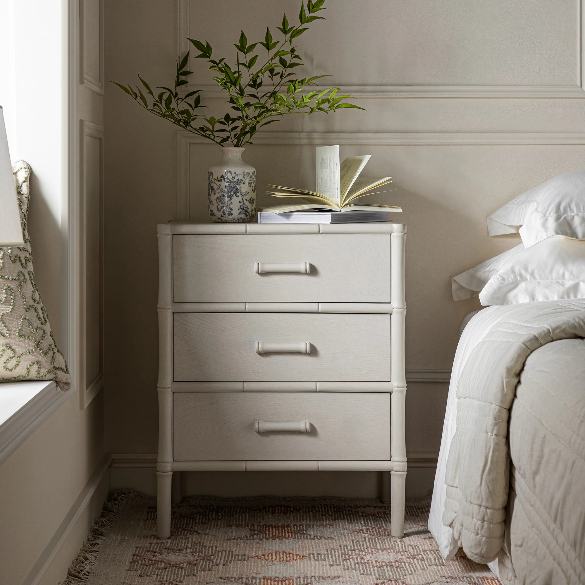 Elstowe Faux Bamboo 3-Drawer Bedside Table, Shaded White