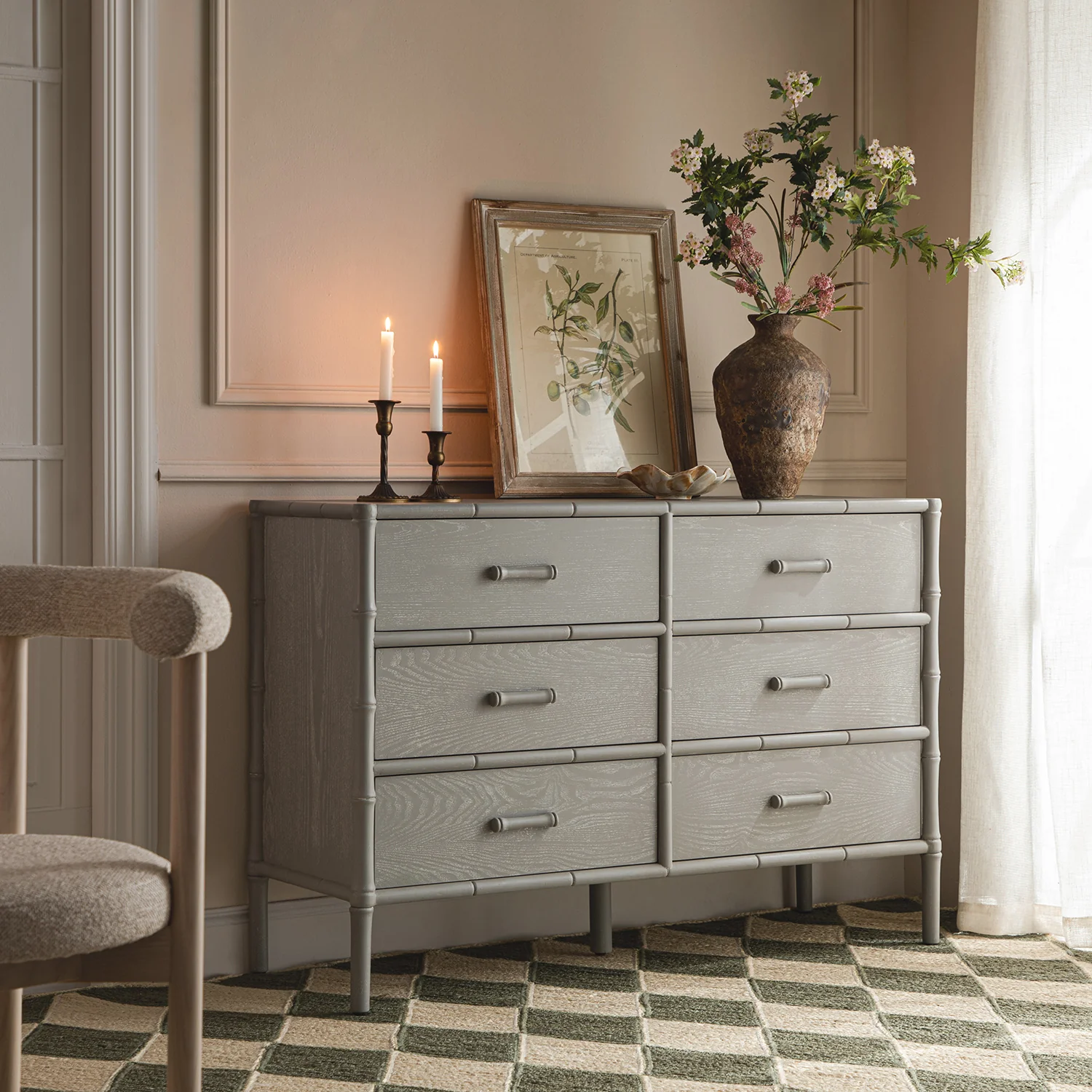 Elstowe Faux Bamboo 6-Drawer Chest, Warm Grey