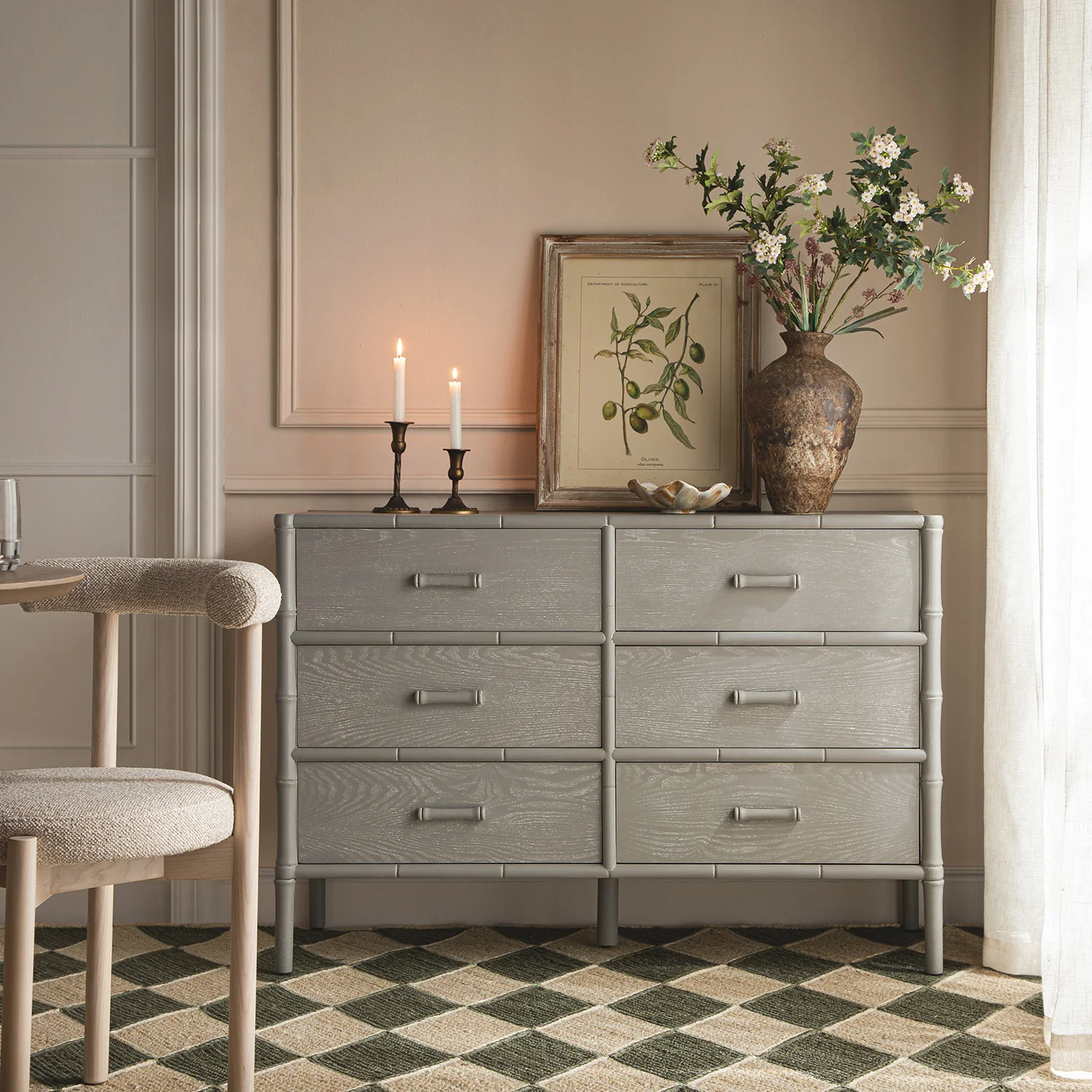 Elstowe Faux Bamboo 6-Drawer Chest, Warm Grey - Image 2
