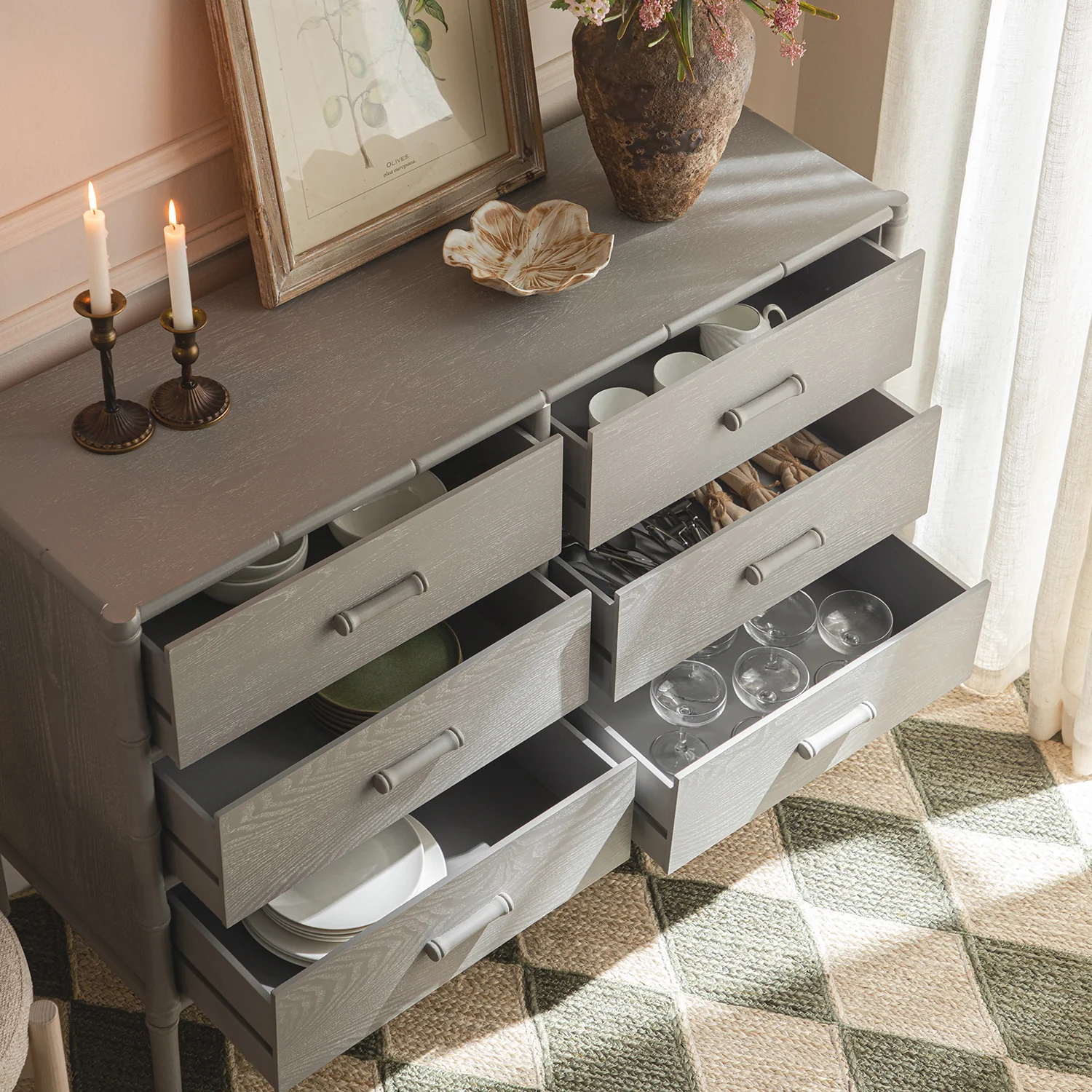 Elstowe Faux Bamboo 6-Drawer Chest, Warm Grey - Image 3