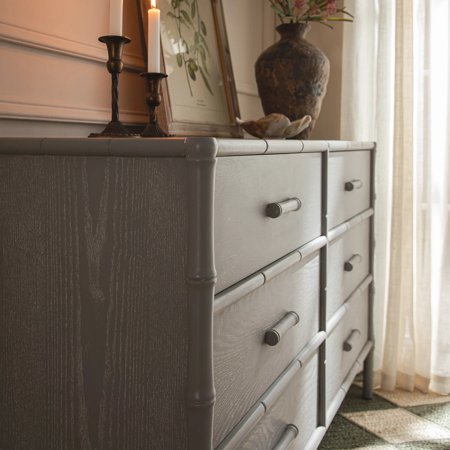 Elstowe Faux Bamboo 6-Drawer Chest, Warm Grey - Image 5