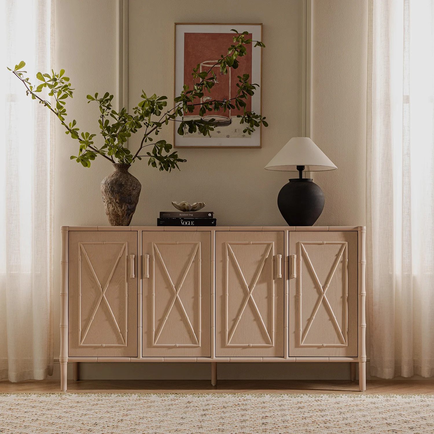 Elstowe Faux Bamboo Large Sideboard, Nude Pink - Image 2
