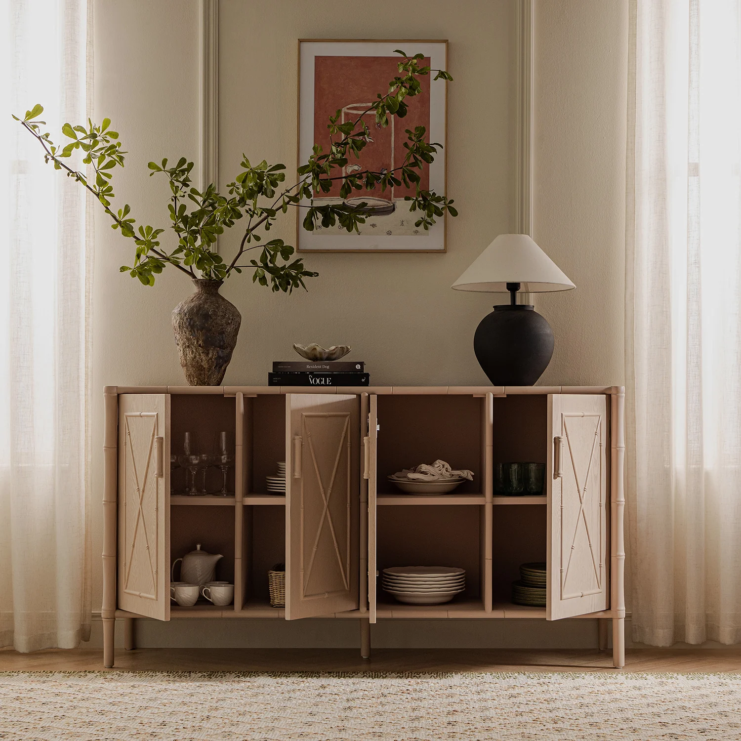 Elstowe Faux Bamboo Large Sideboard, Nude Pink - Image 3
