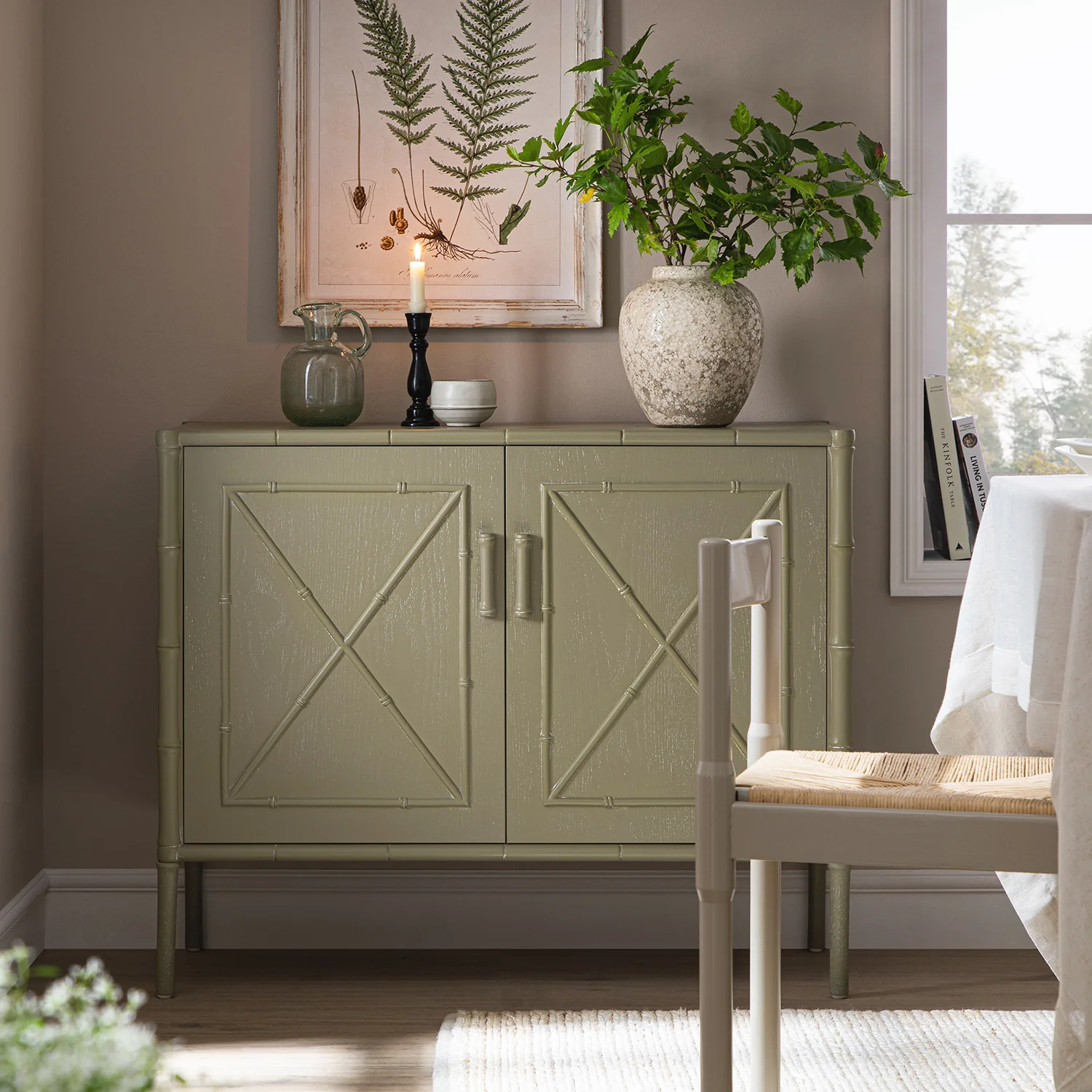 Elstowe Faux Bamboo Small Sideboard, Sage Green