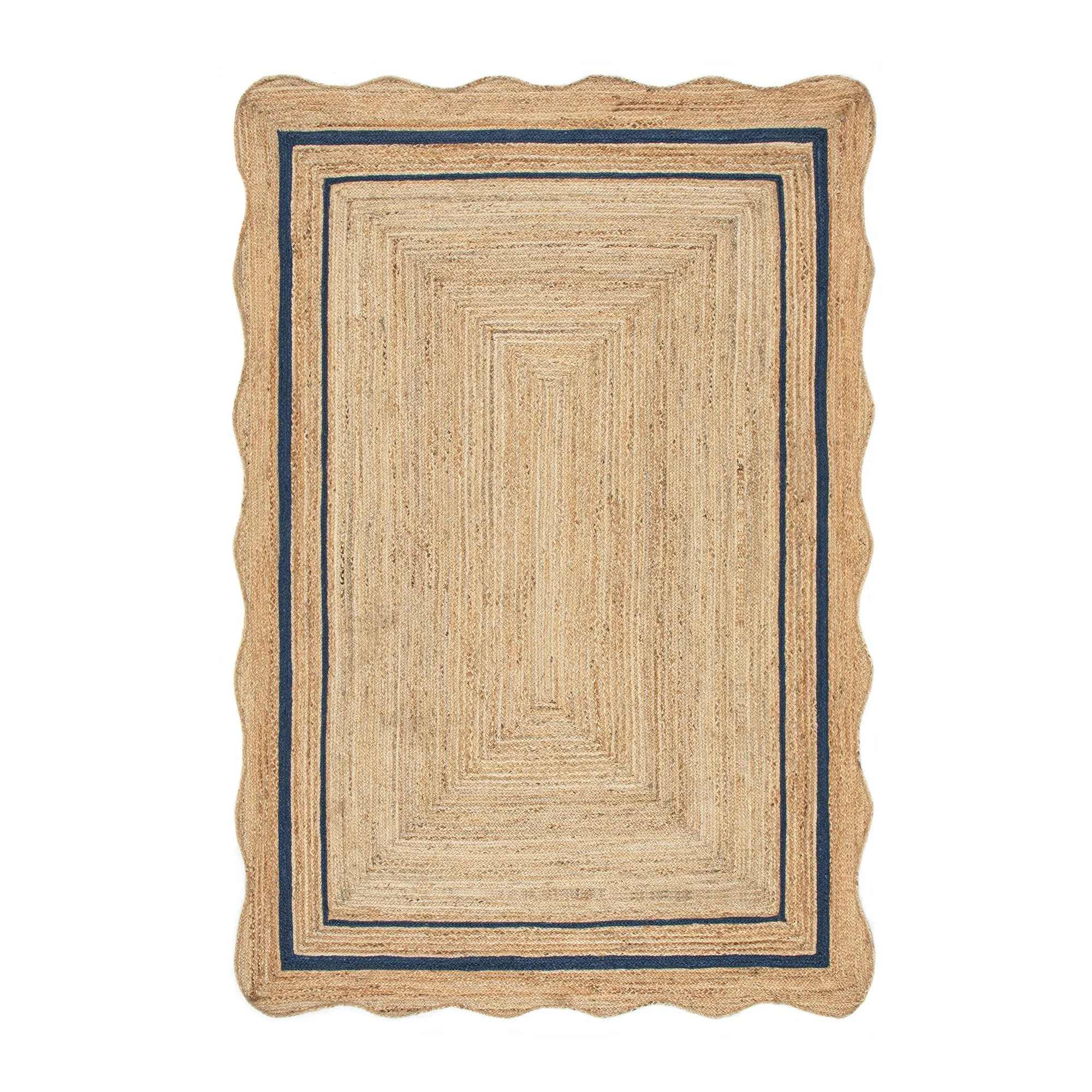 Evie Hand Braided Jute Scallop Navy Blue Border Rectangular Rug