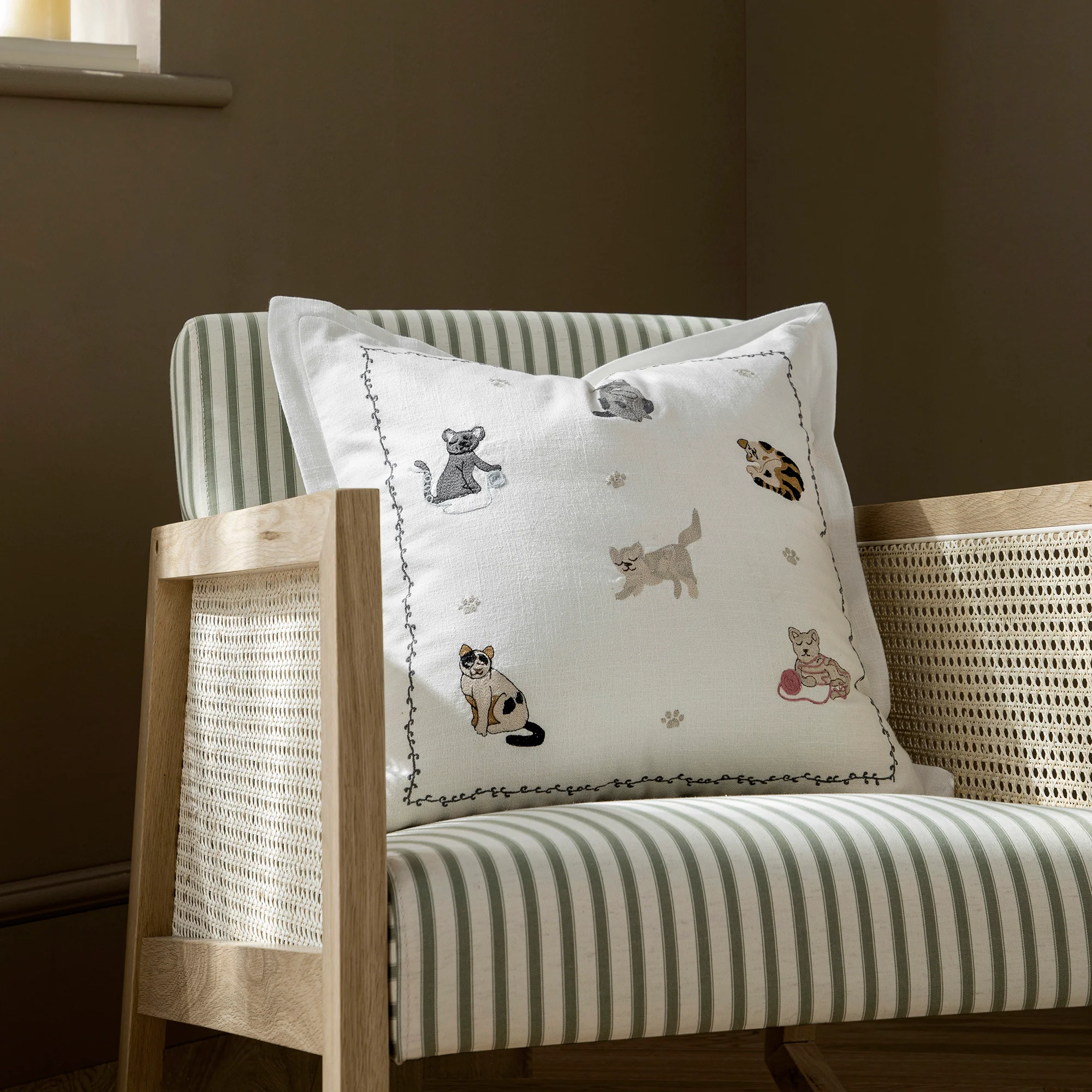 Whimsical Animals Feline Fine Hand Embroidered Cushion