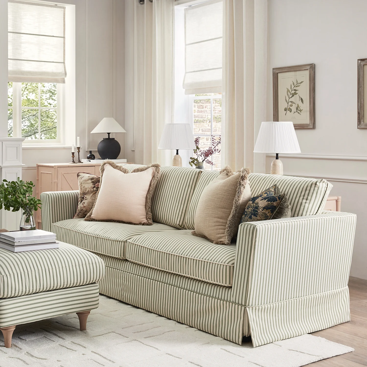 Fitz Skirted Large 3-Seater Sofa, Sage Striped Linen Blend - Image 2