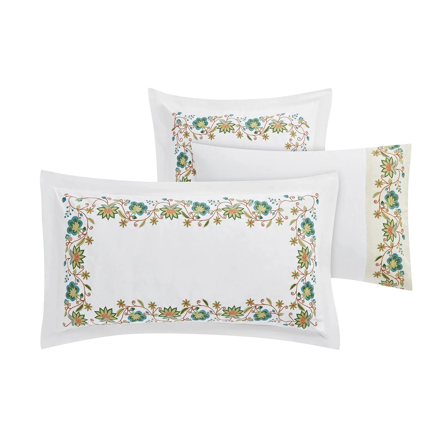 Flora & Fauna White Jacobean Floral Embroidered 300 Thread Count Cotton Percale Continental Square Pillowcases - Pair - Image 2