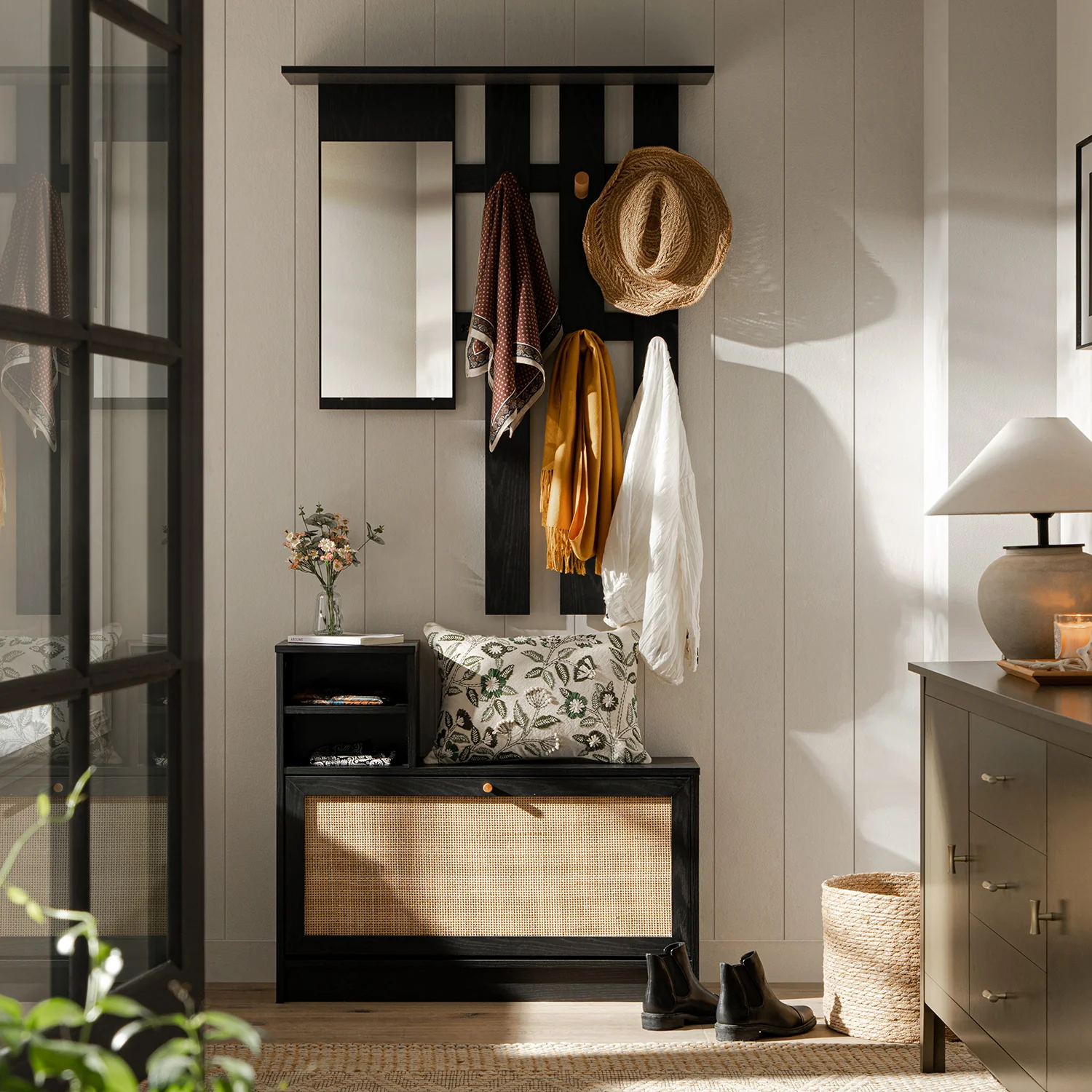 Frances Rattan Hallway Unit with Mirror, Black