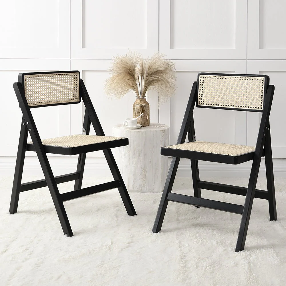 Frances Set of 2 Folding Cane Rattan Chairs, Black Colour