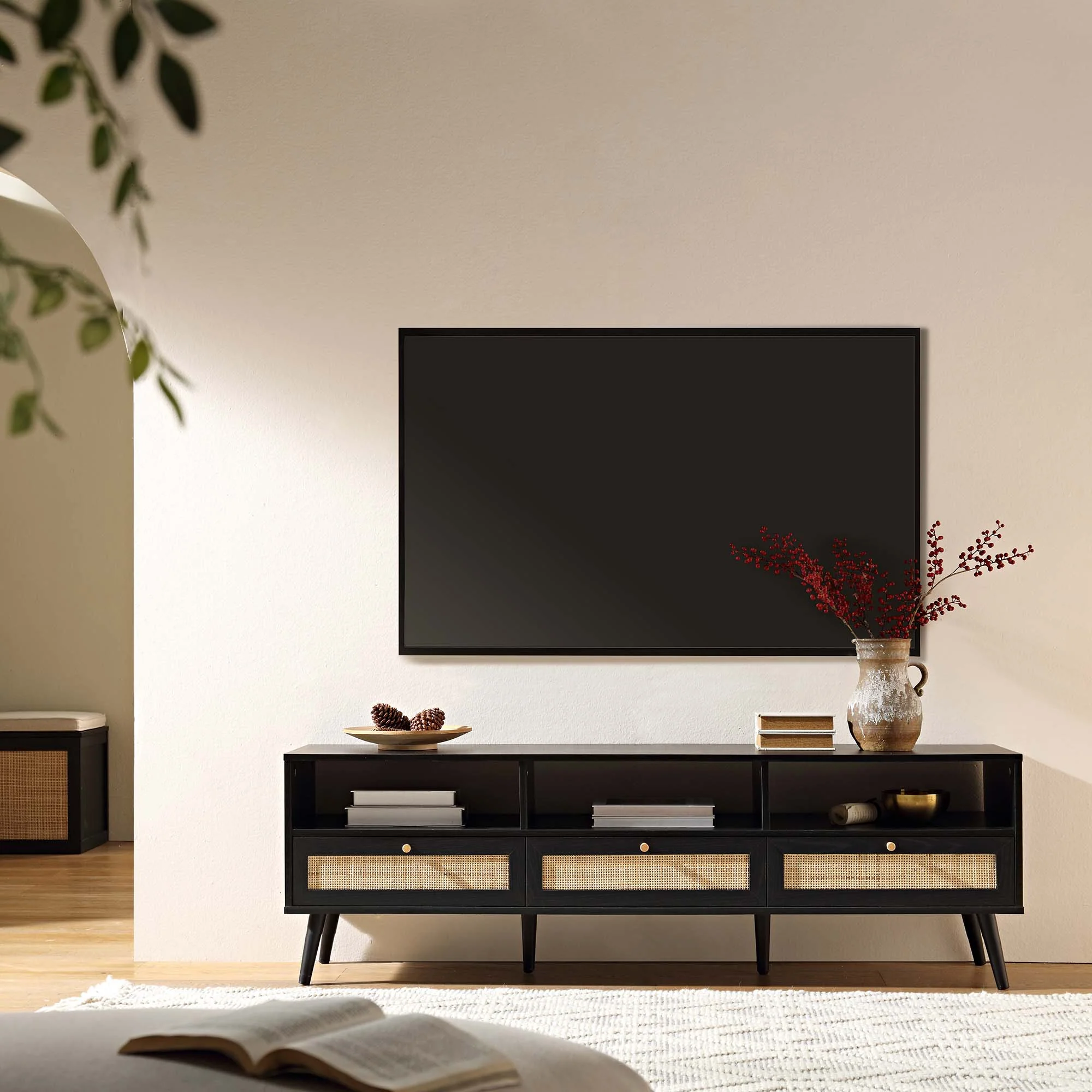 Frances Woven Rattan 160cm 3-Drawer TV Unit, Black