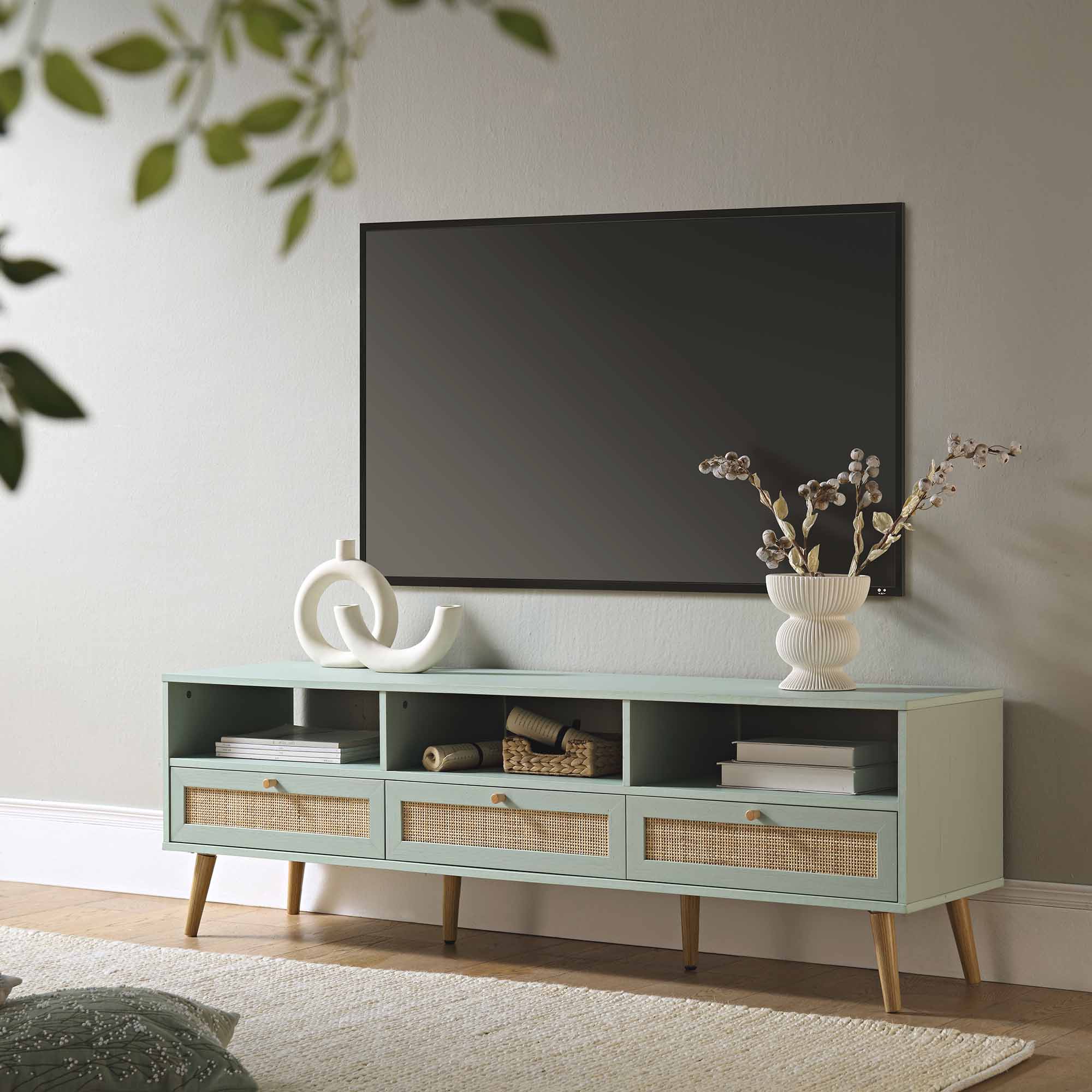 Frances Woven Rattan 160cm 3-Drawer TV Unit, Mint