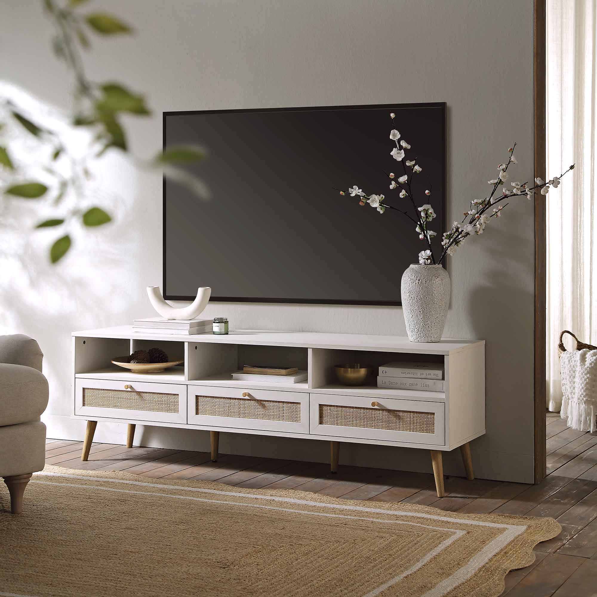 Frances Woven Rattan 160cm 3-Drawer TV Unit, White