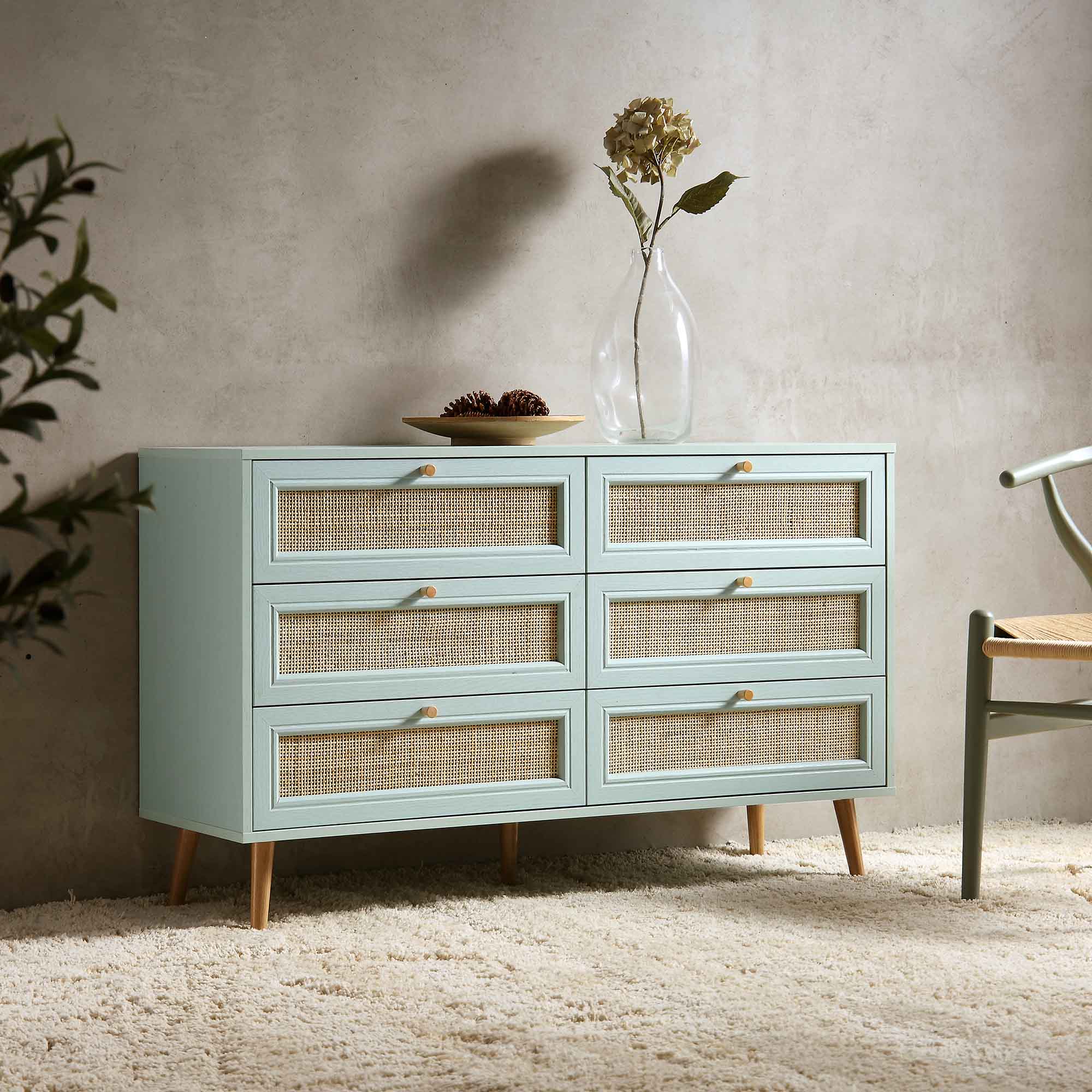 Frances Woven Rattan Chest of 6 Drawers, Mint