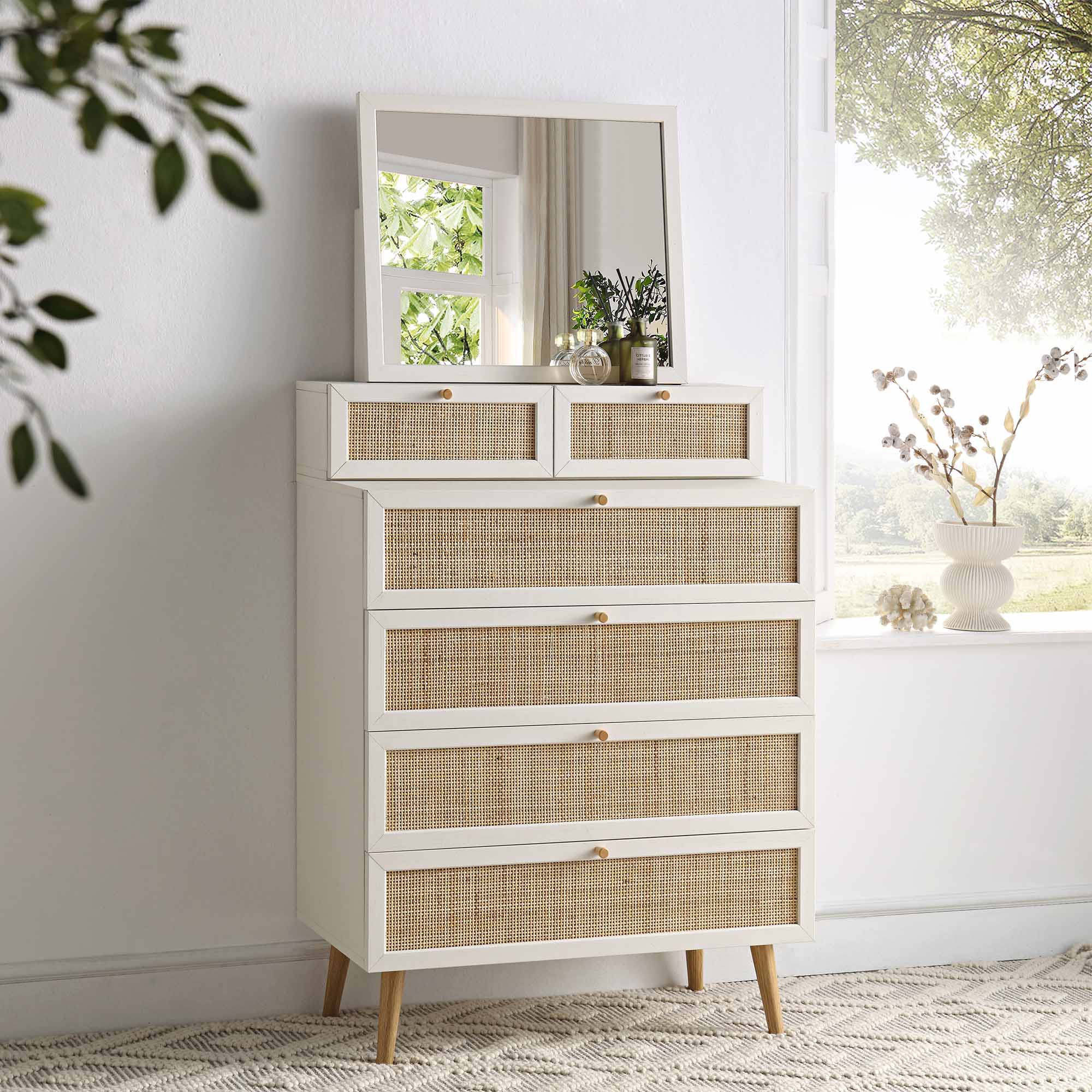 Frances Woven Rattan Tall Vanity Chest with Mirror, White