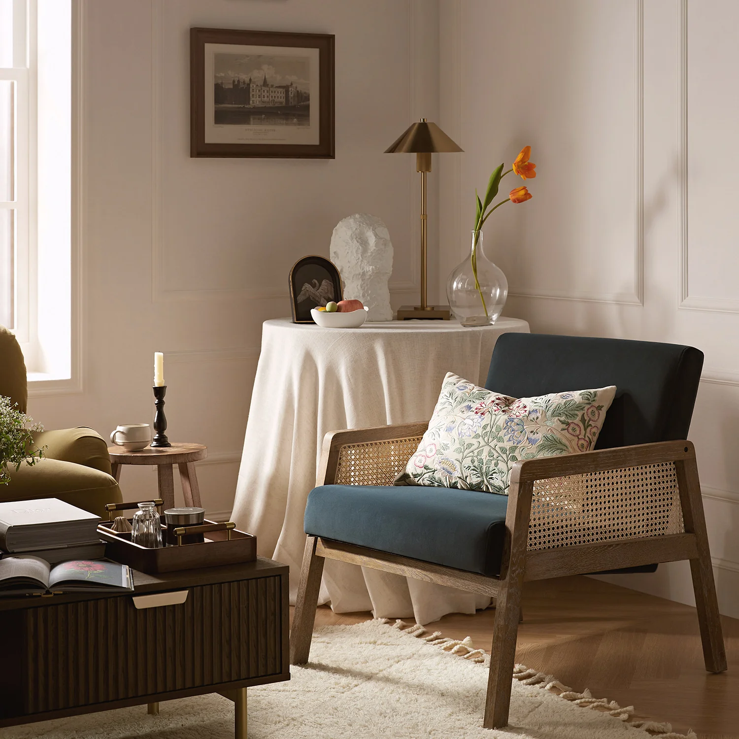 Fyne Aegean Blue Velvet Weathered Oak Frame Rattan Armchair
