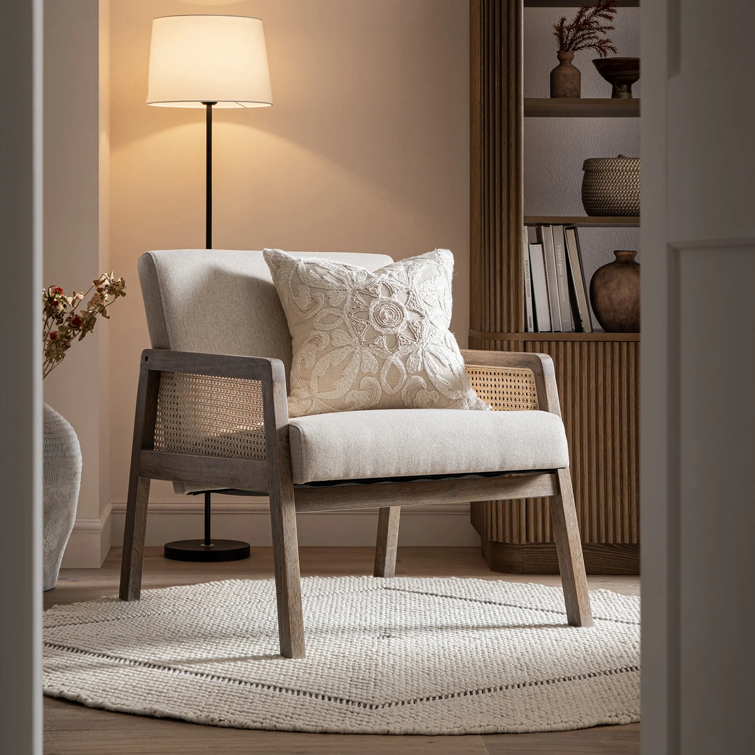 Fyne Oatmeal Fabric Weathered Oak Frame Rattan Armchair
