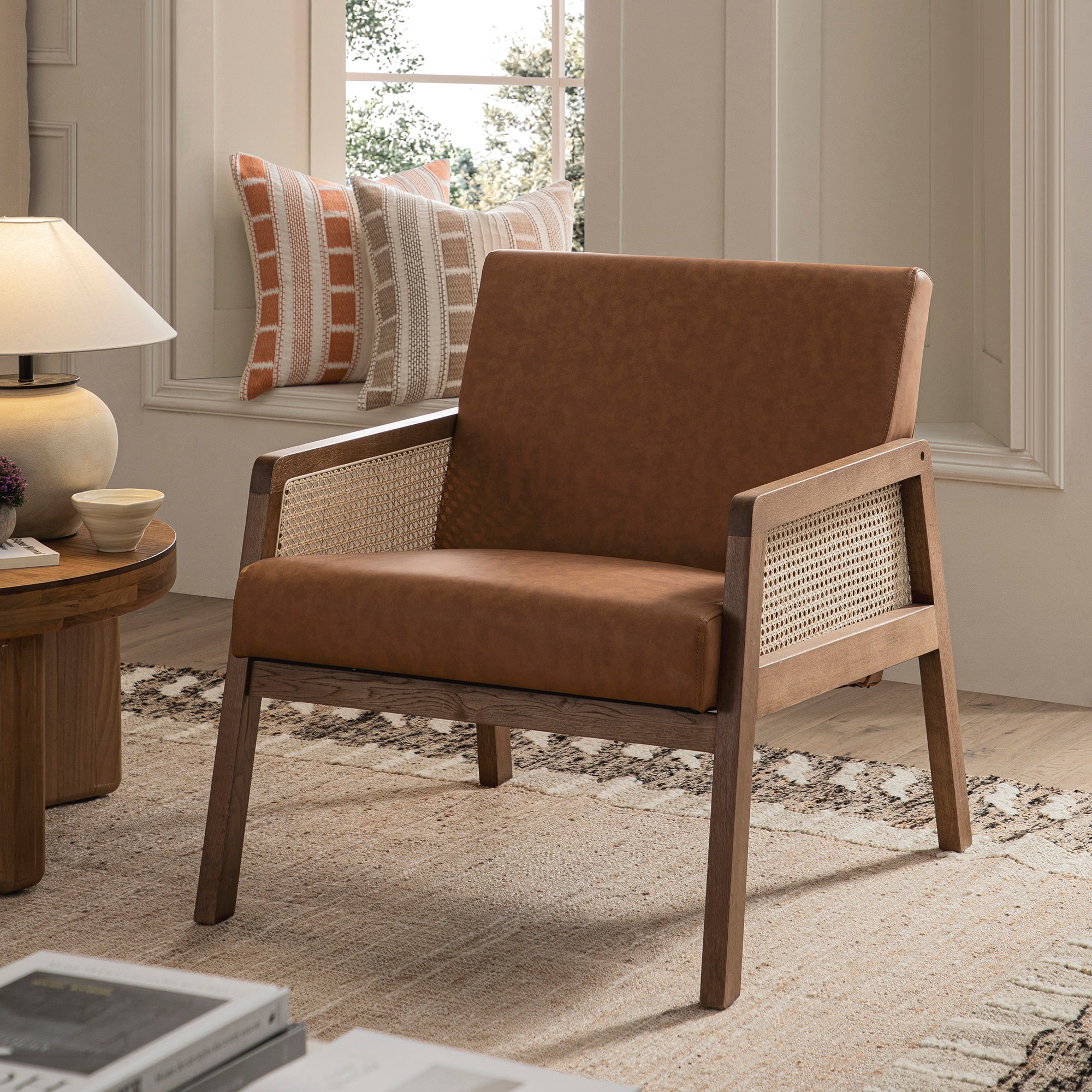 Fyne Tan Faux Leather Light Walnut Frame Rattan Armchair