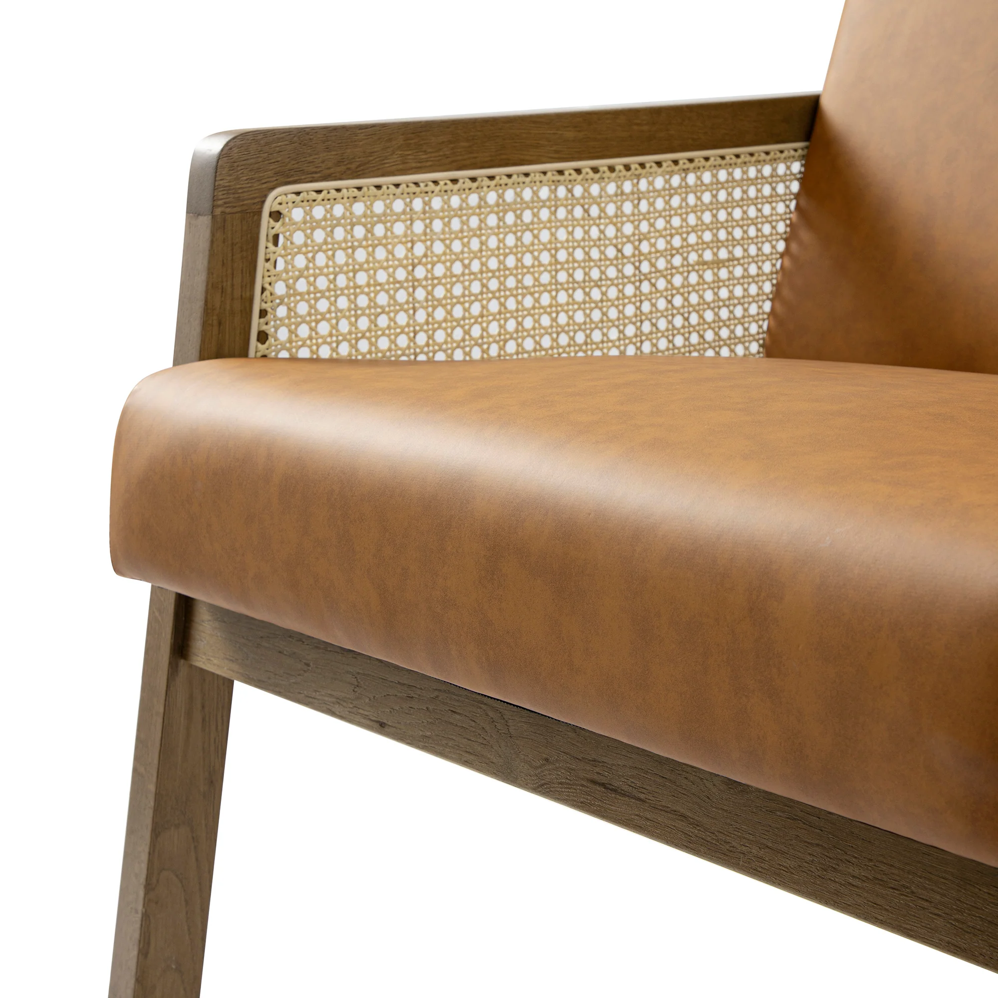 Fyne Tan Faux Leather Light Walnut Frame Rattan Armchair - Image 15