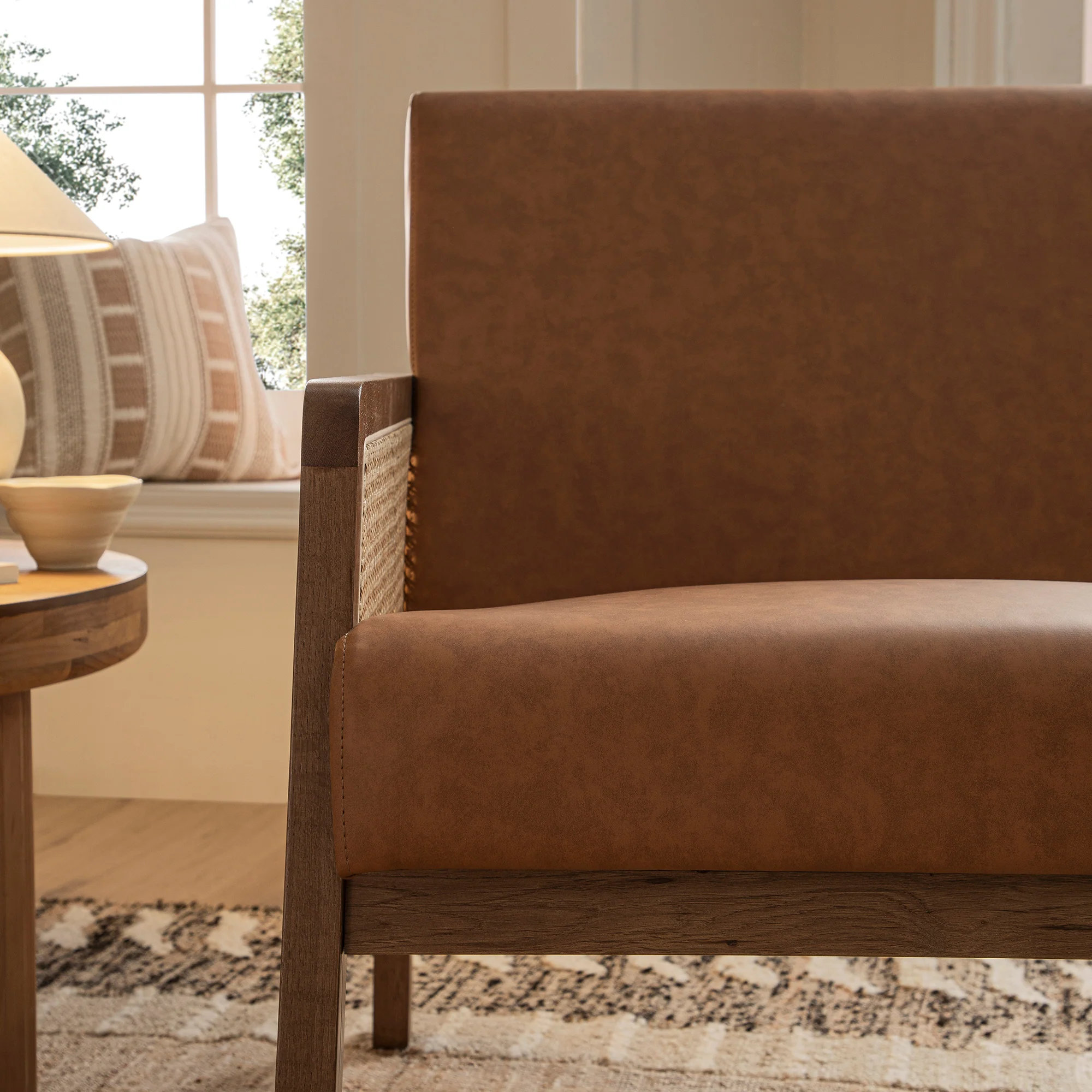 Fyne Tan Faux Leather Light Walnut Frame Rattan Armchair - Image 6