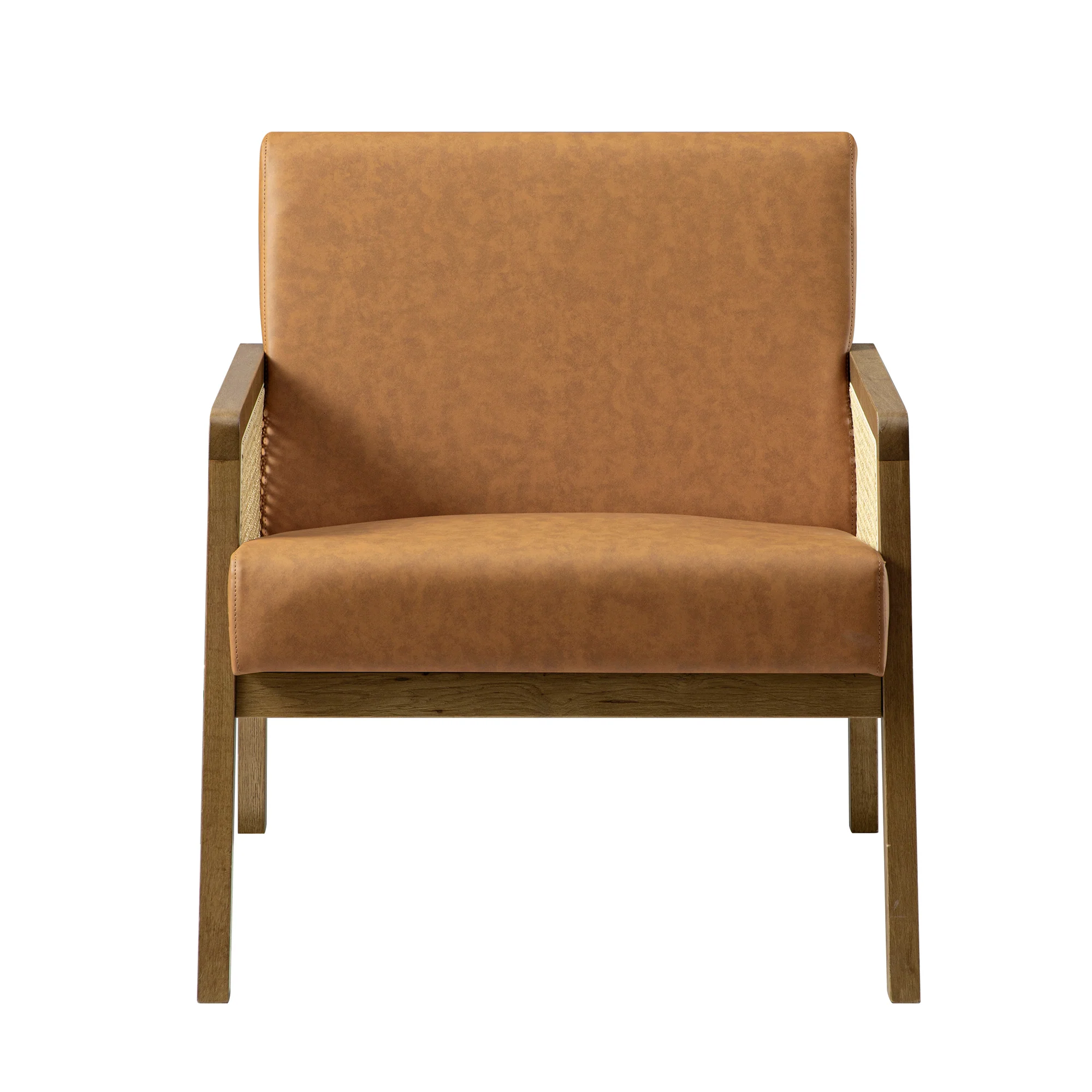 Fyne Tan Faux Leather Light Walnut Frame Rattan Armchair - Image 8