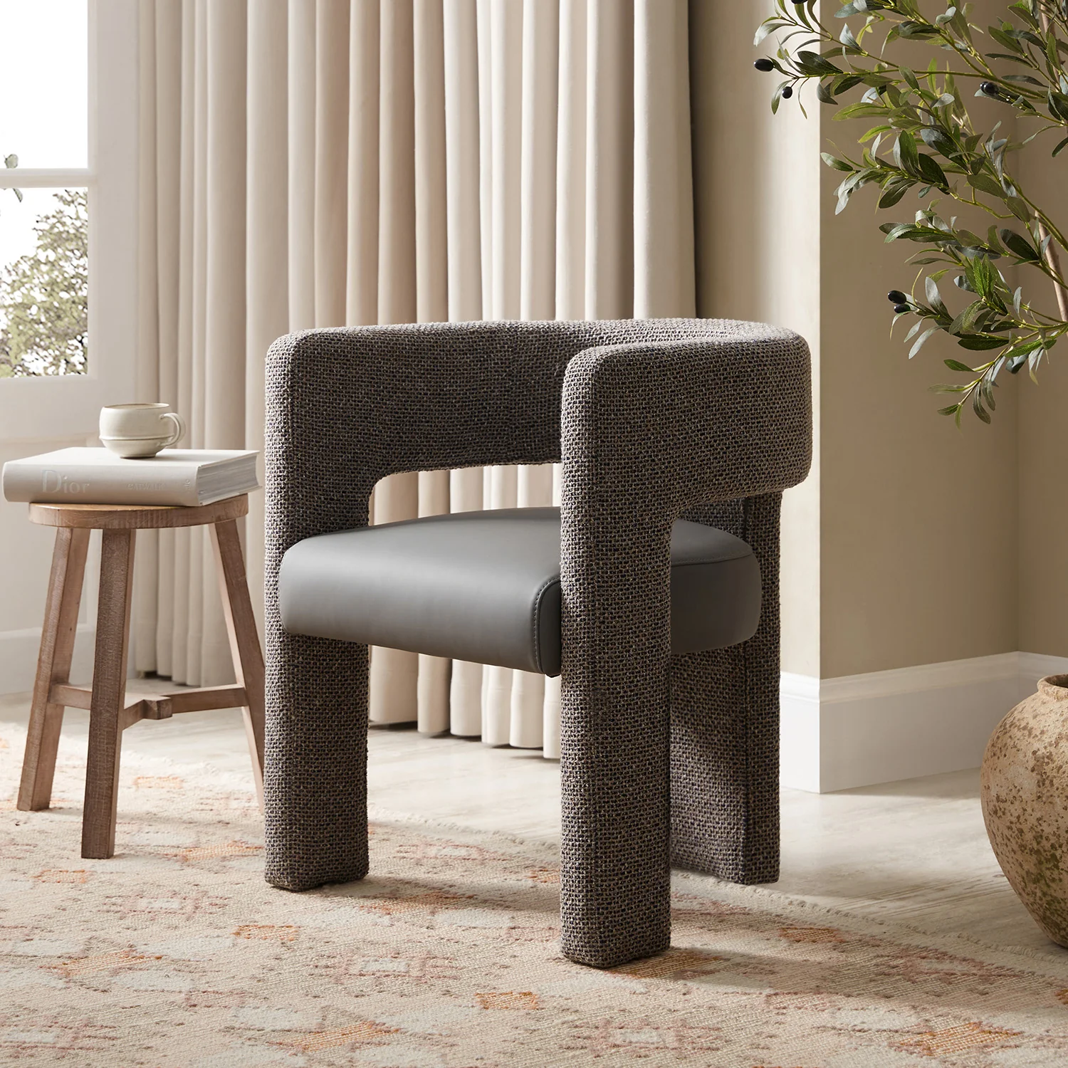 Greenwich Grey & Blue Textured Fabric and Grey Faux Leather Seat Dining Chair