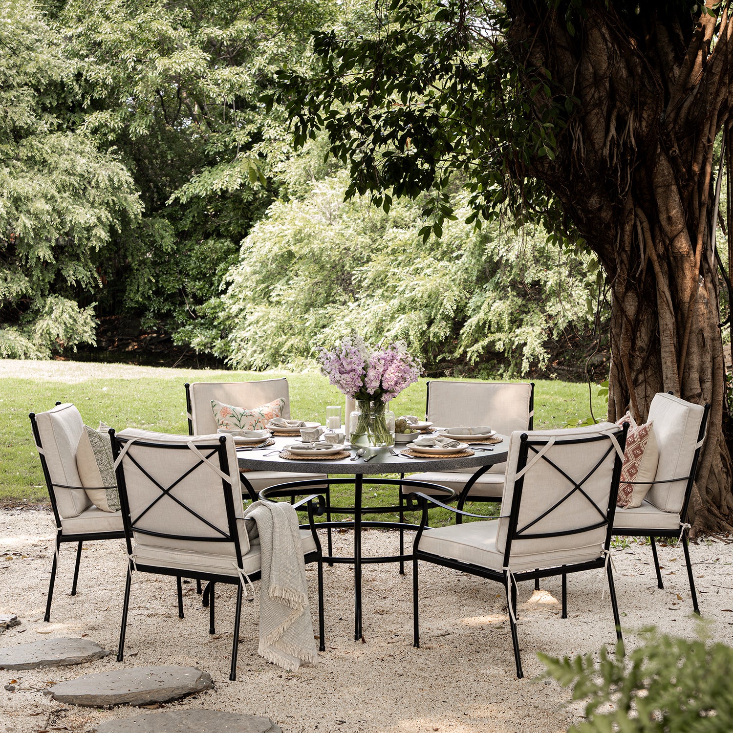 Haymes Indoor and Outdoor Metal 6-Seater Round Dining Set, Beige