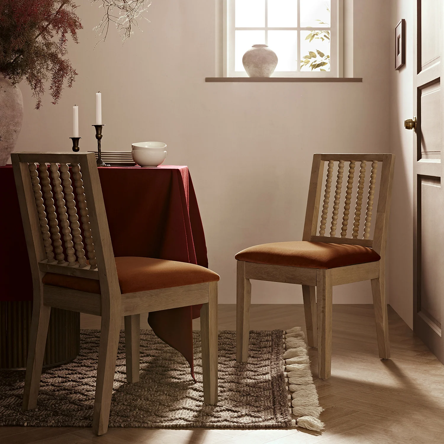 Hemingford Set of 2 Rust Velvet Bobbin Spindle Washed Oak Dining Chairs
