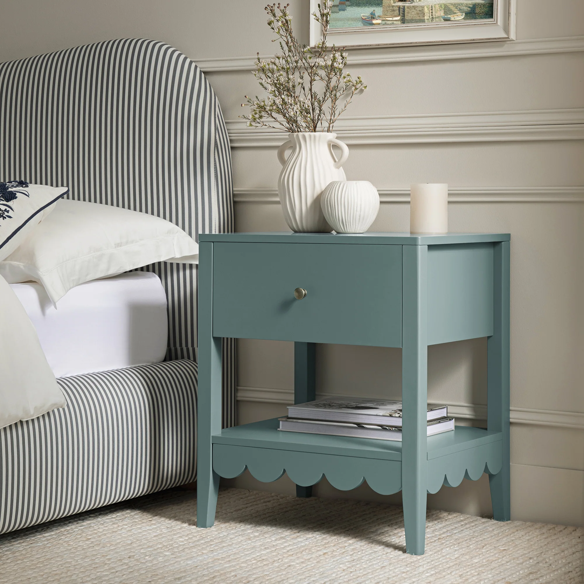 Henley Scalloped Edge Bedside Table with Drawer, Blue Spruce