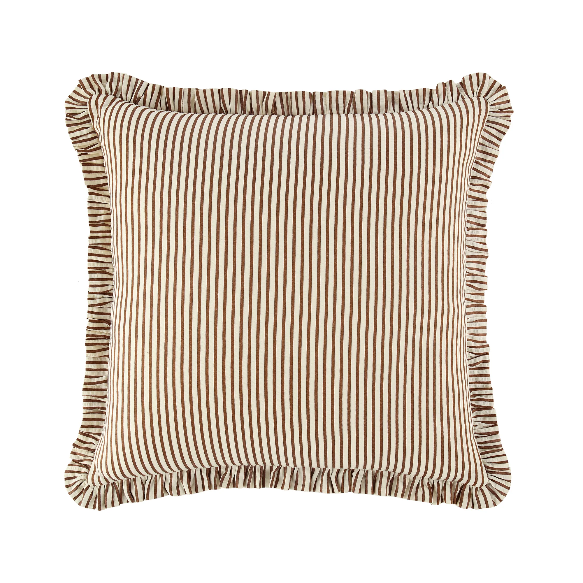 Iris Ticking Brown Stripe Seersucker Frill Cushion - Image 3